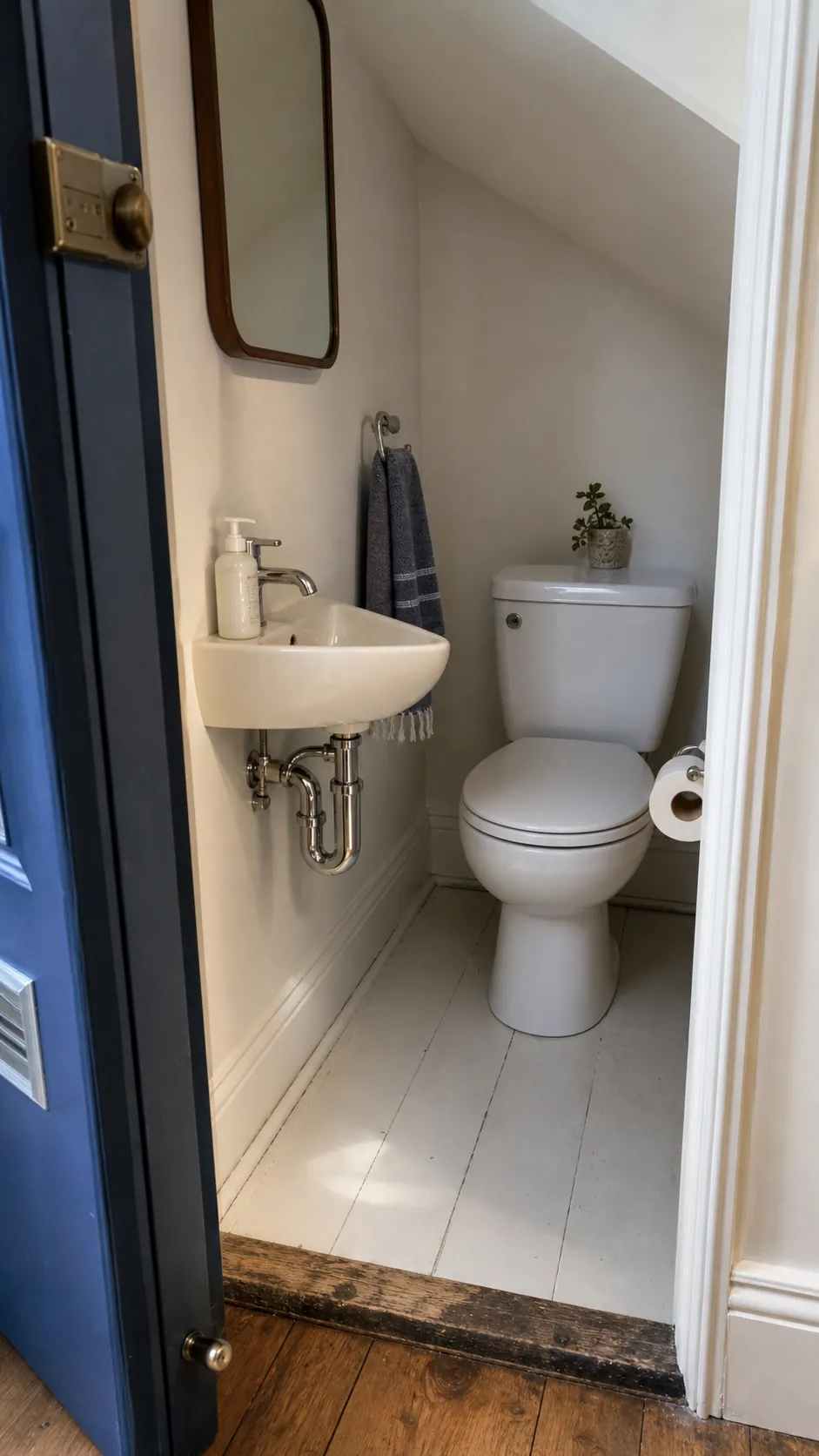 Compact corner sink in an awkward tiny powder room layout