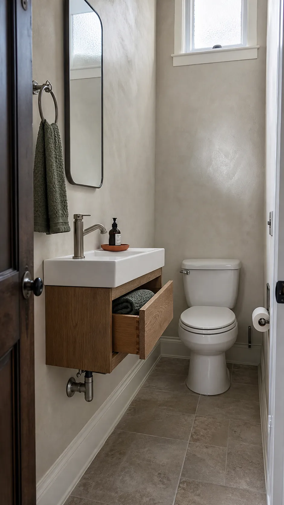 Floating shallow vanity in a tiny half bathroom