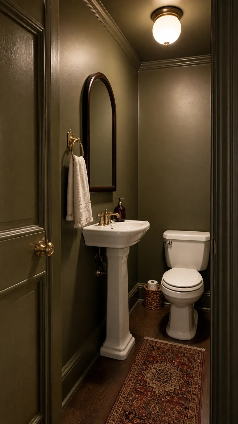 Deep olive color-drenched tiny powder room