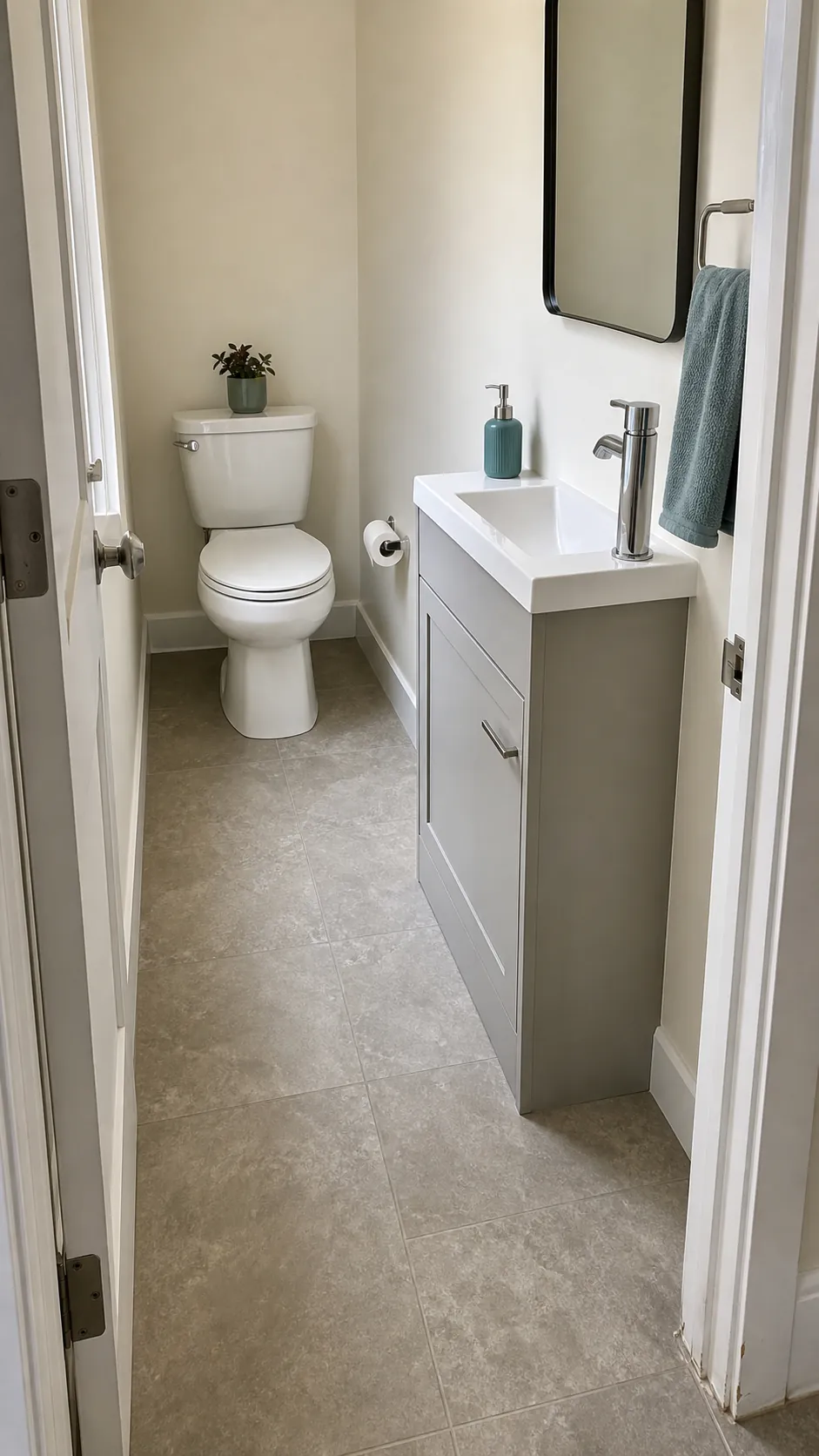 Continuous floor tile visually enlarging a small half bathroom
