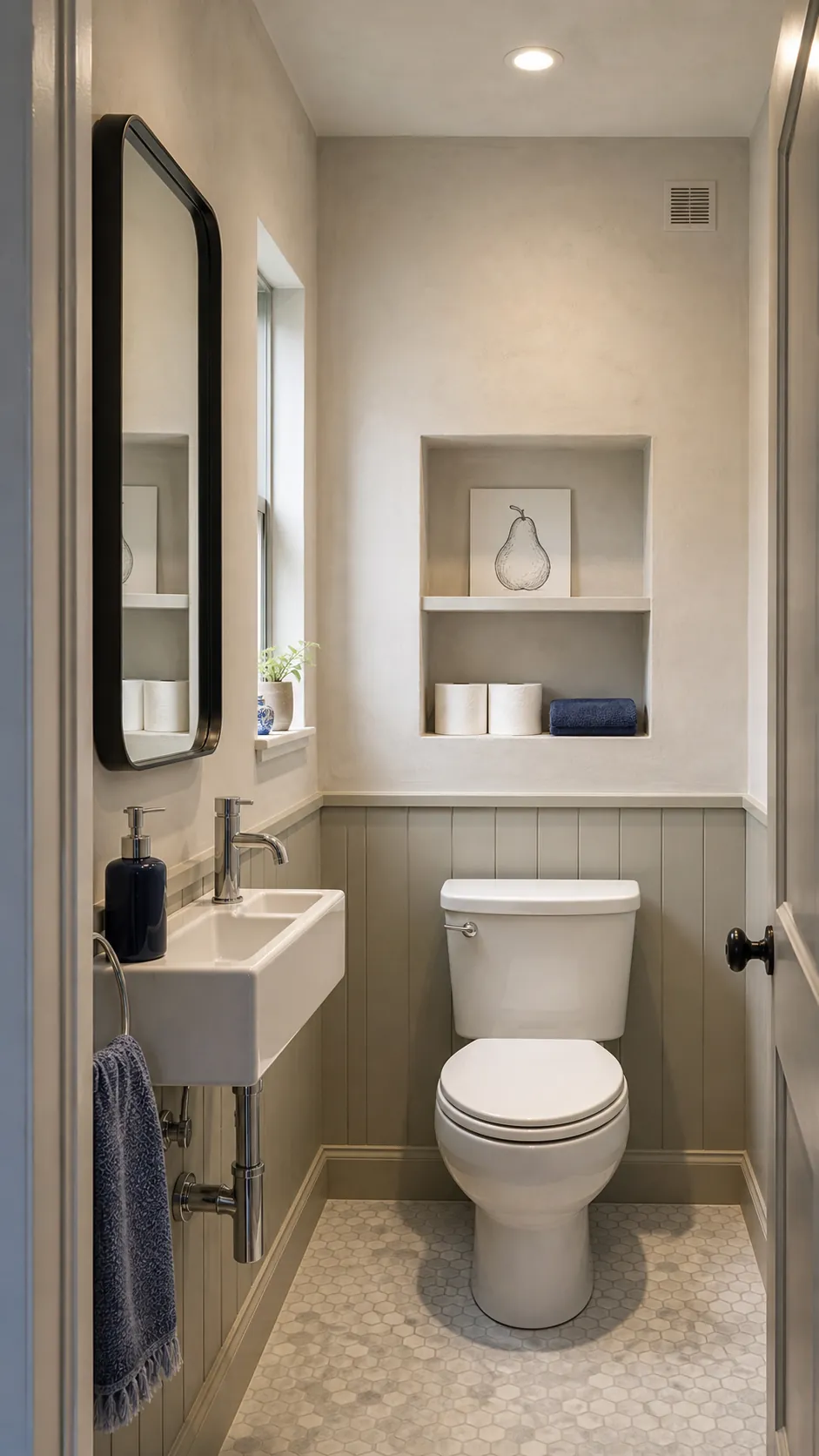Recessed storage niche above a toilet in a tiny half bath