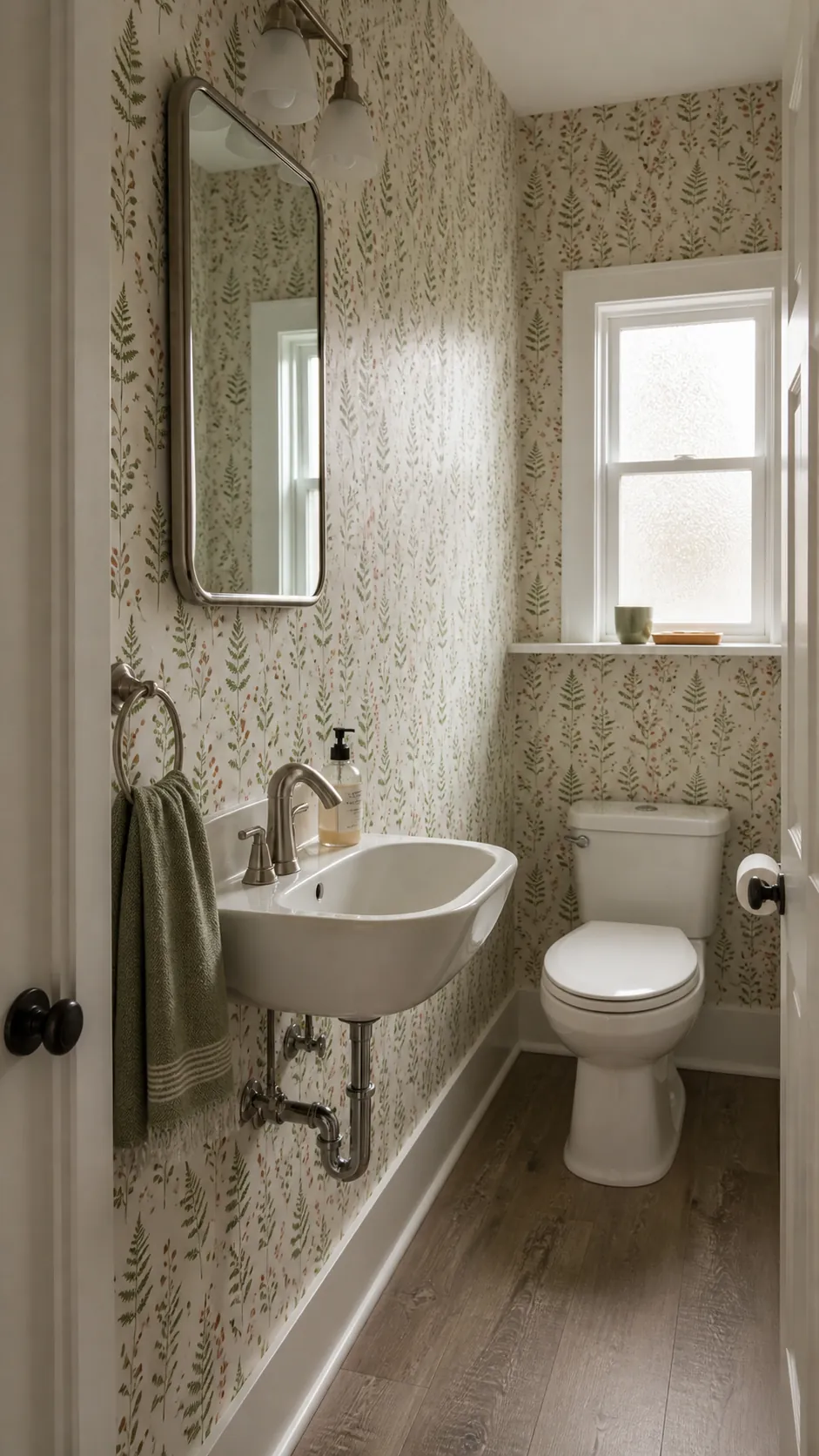 Small-scale botanical wallpaper in a tiny powder room