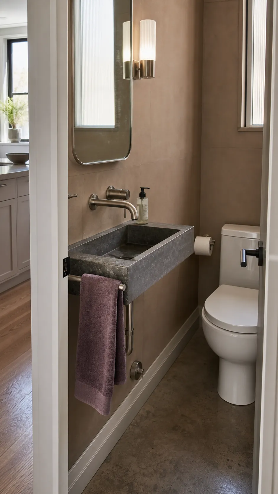 Wall-mounted faucet above a slim basin in a tiny half bathroom