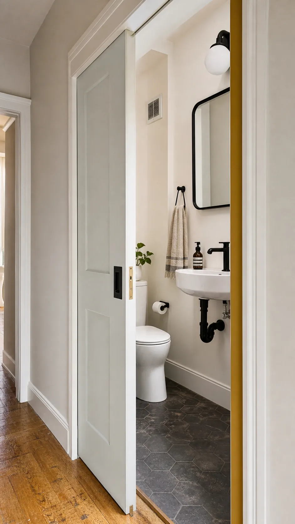 Space-saving pocket door opening into a narrow half bathroom