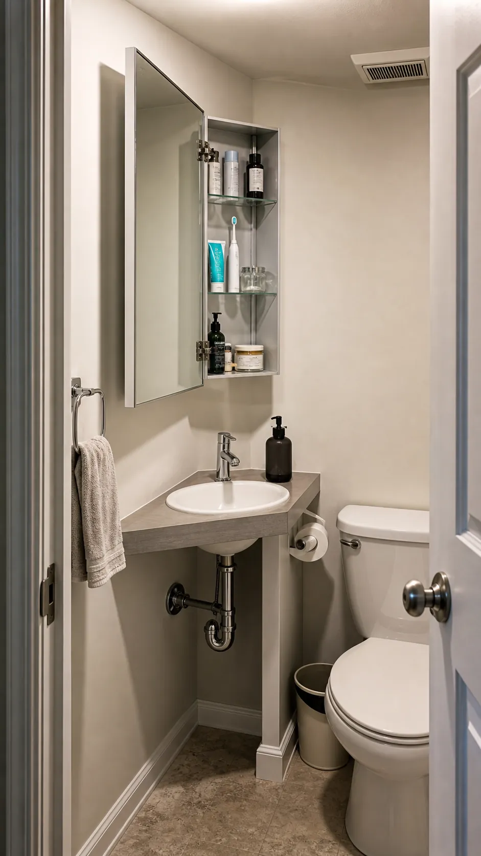 Recessed mirrored cabinet providing hidden storage in a tiny half bath