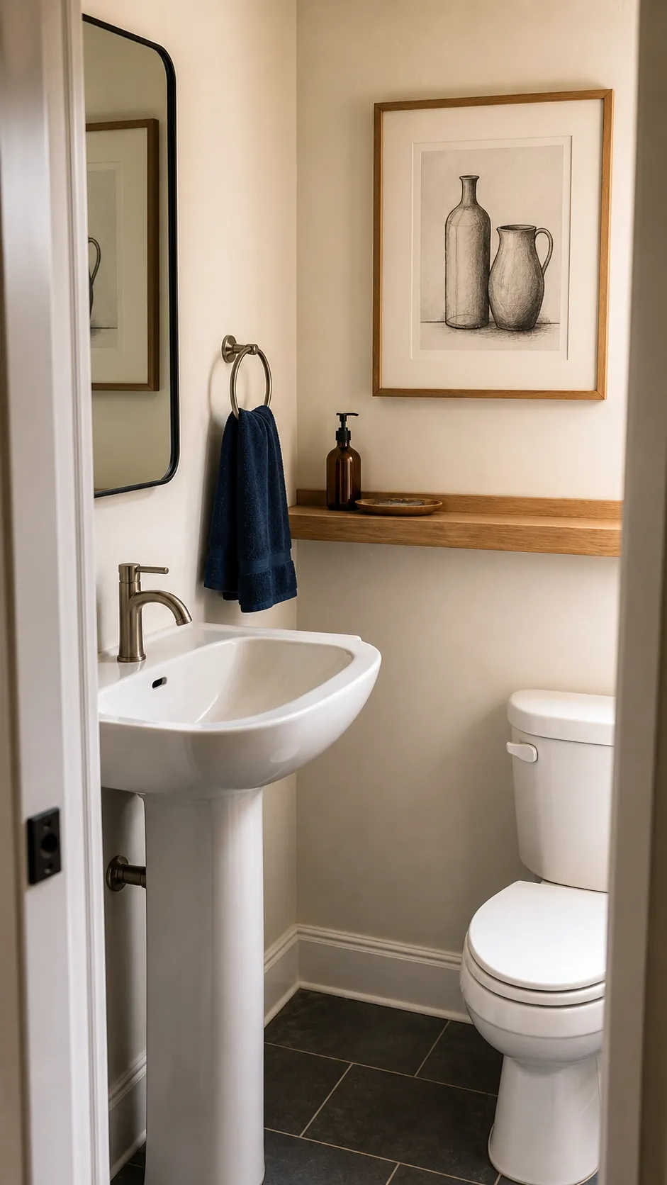 Slim ledge with practical accessories in a narrow half bathroom