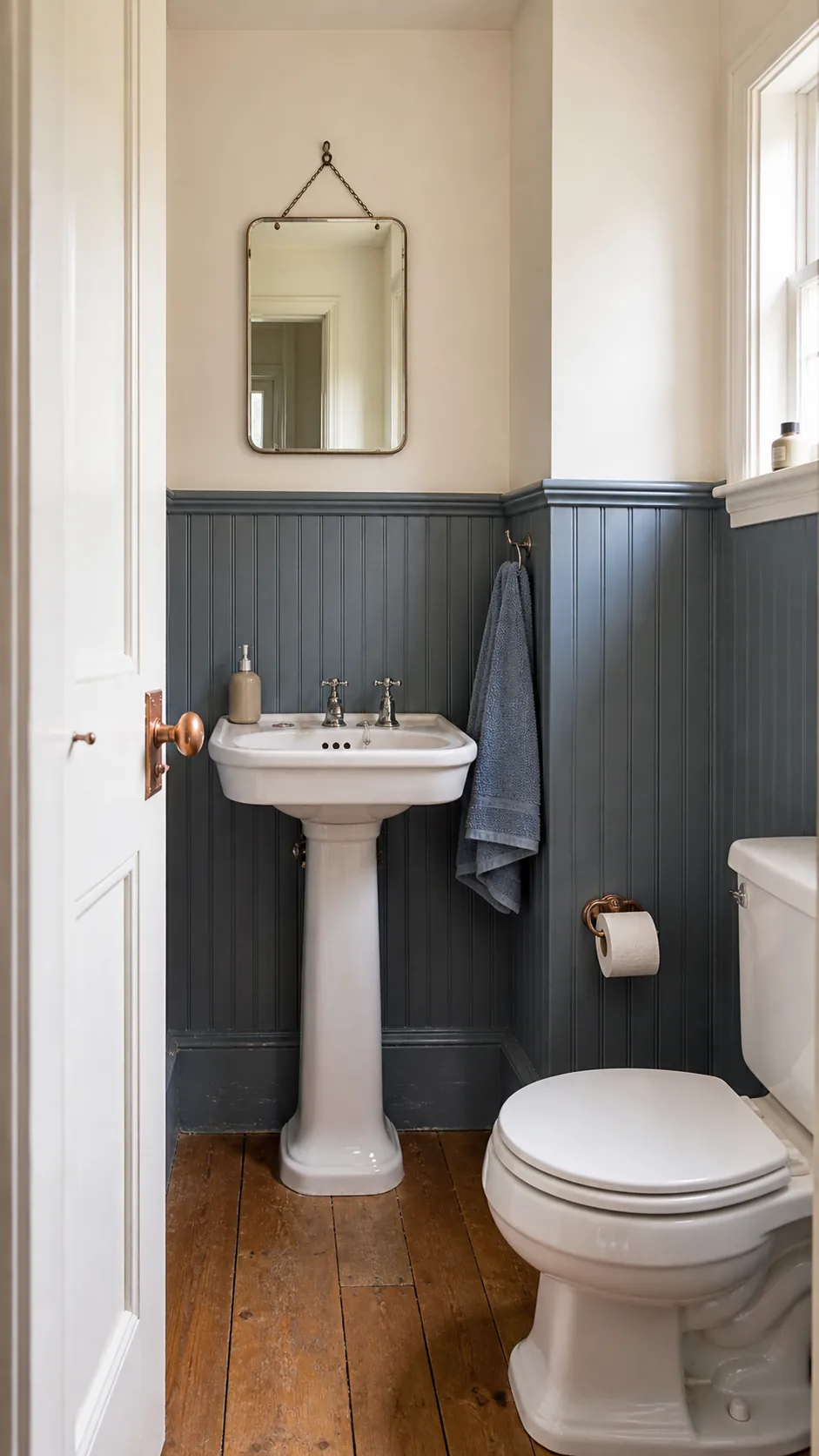 Continuous painted wainscoting around a small half bathroom