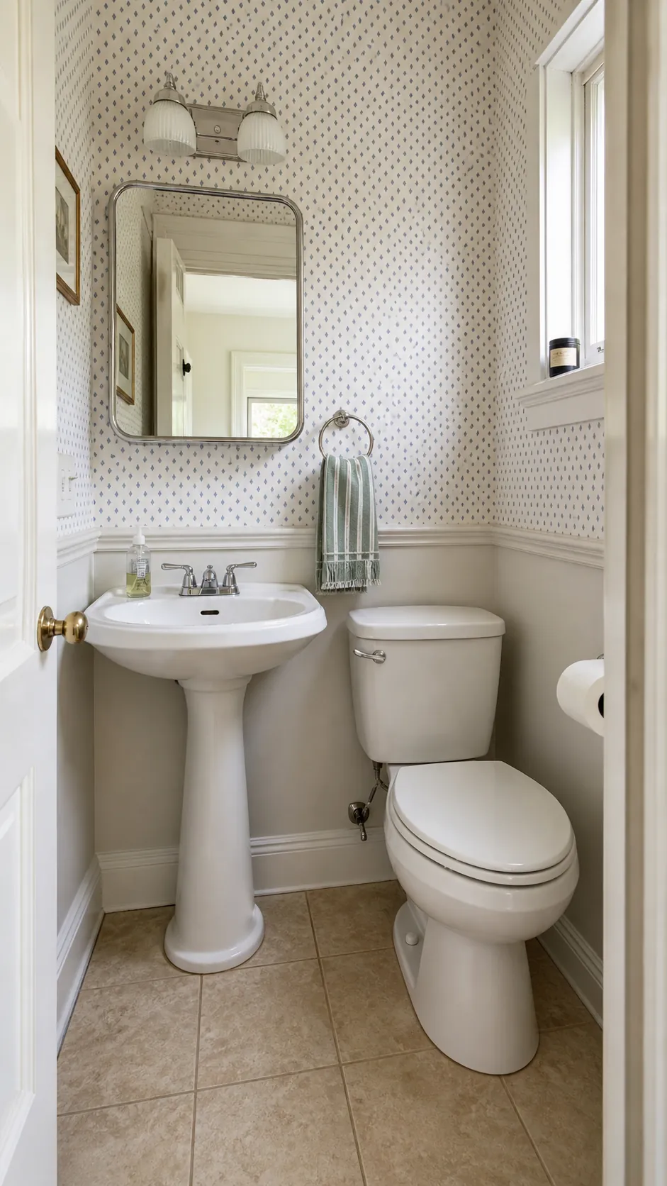 Budget half bathroom remodel retaining the existing plumbing layout