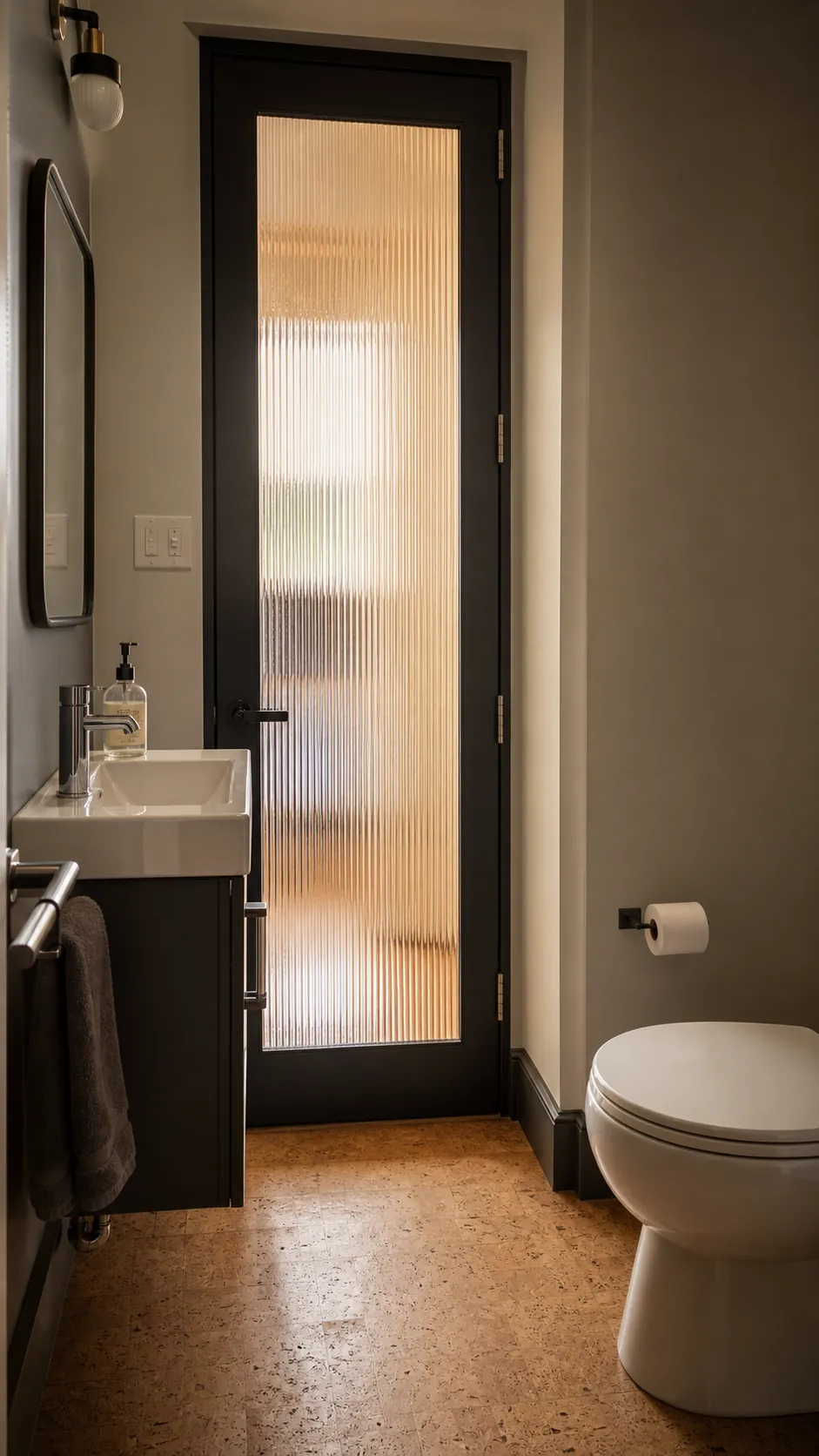 Reeded glass door borrowing daylight for a windowless half bathroom