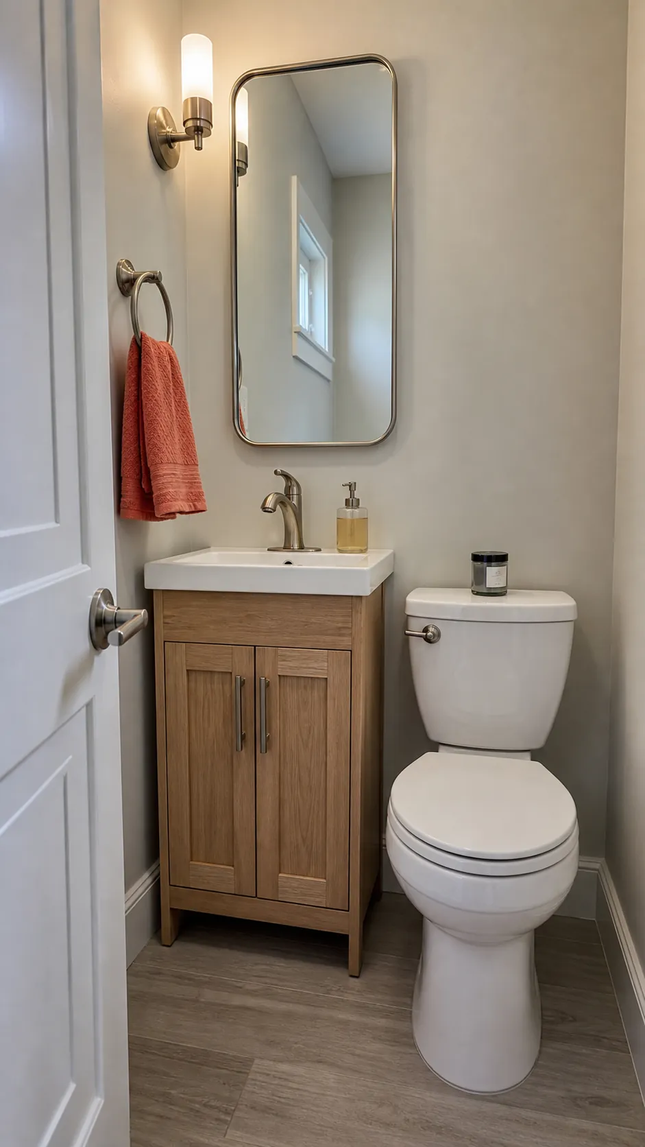 Coordinated brushed nickel hardware in a tiny half bathroom