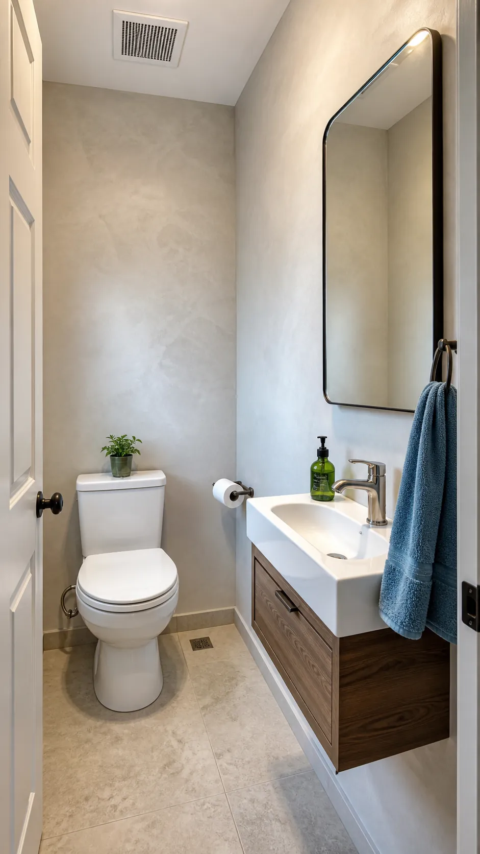 Ventilated clutter-free tiny half bathroom with clear surfaces