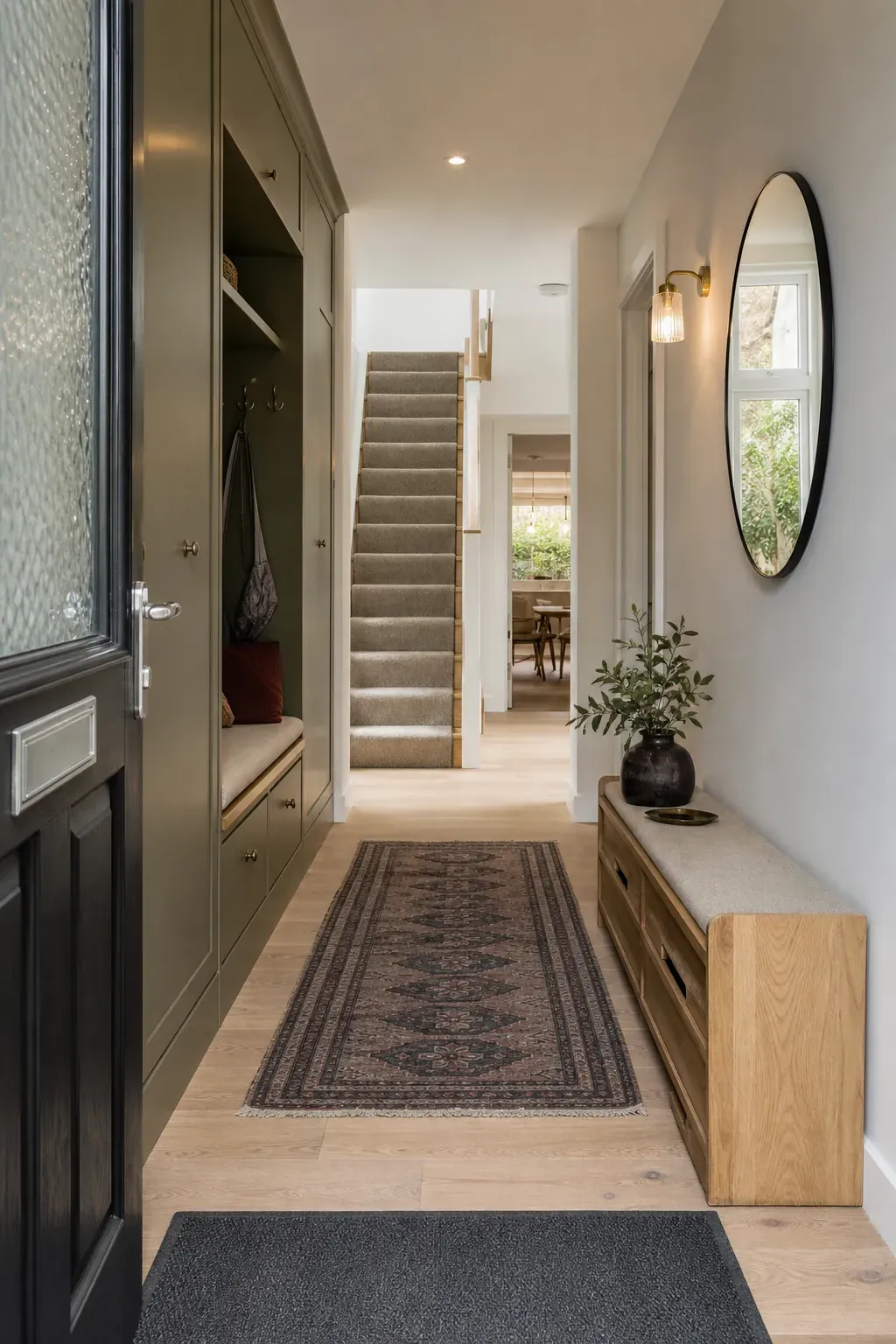 Practical new build hallway with clear route layered lighting and slim storage