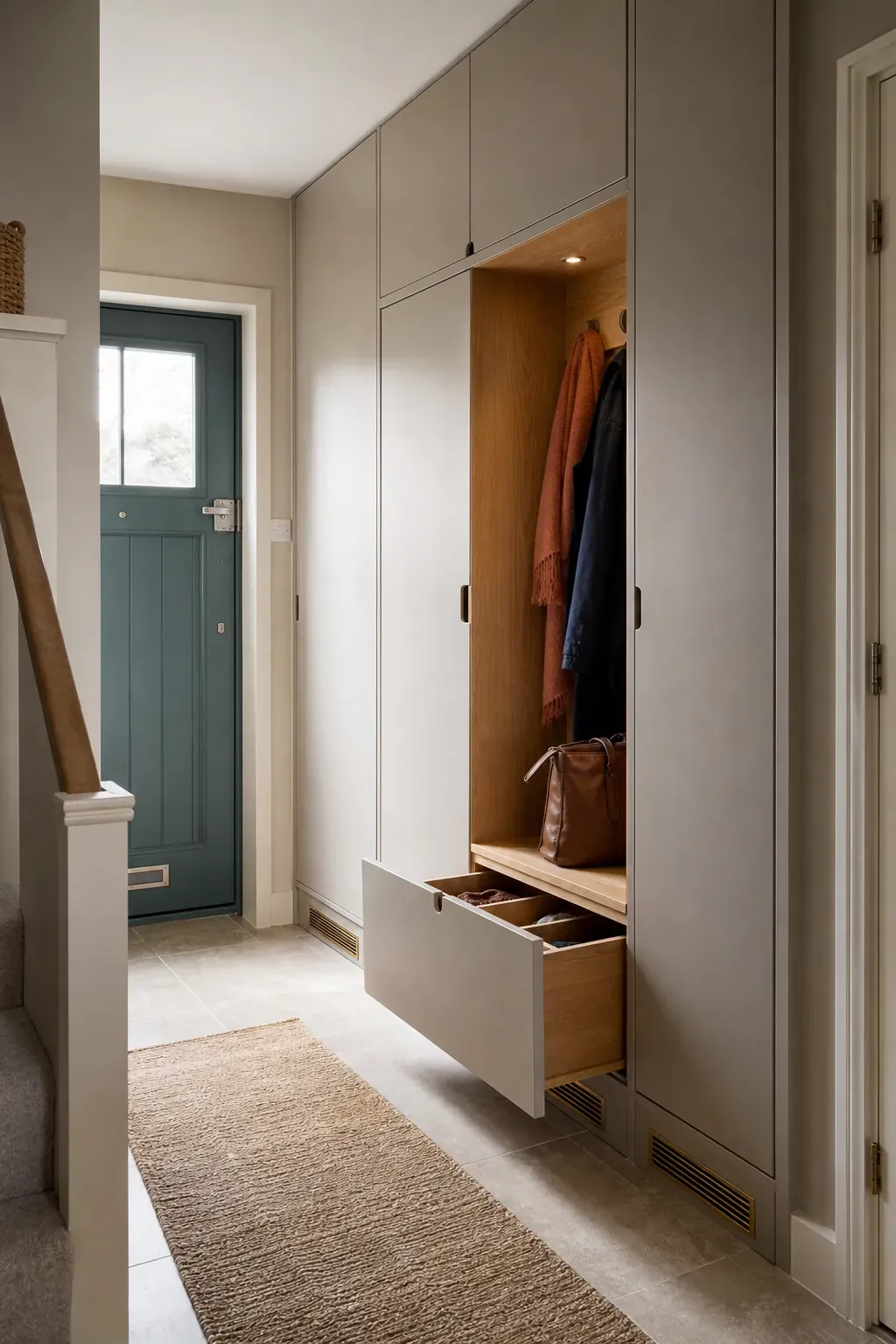 New build front hallway with fitted storage framing the entrance door