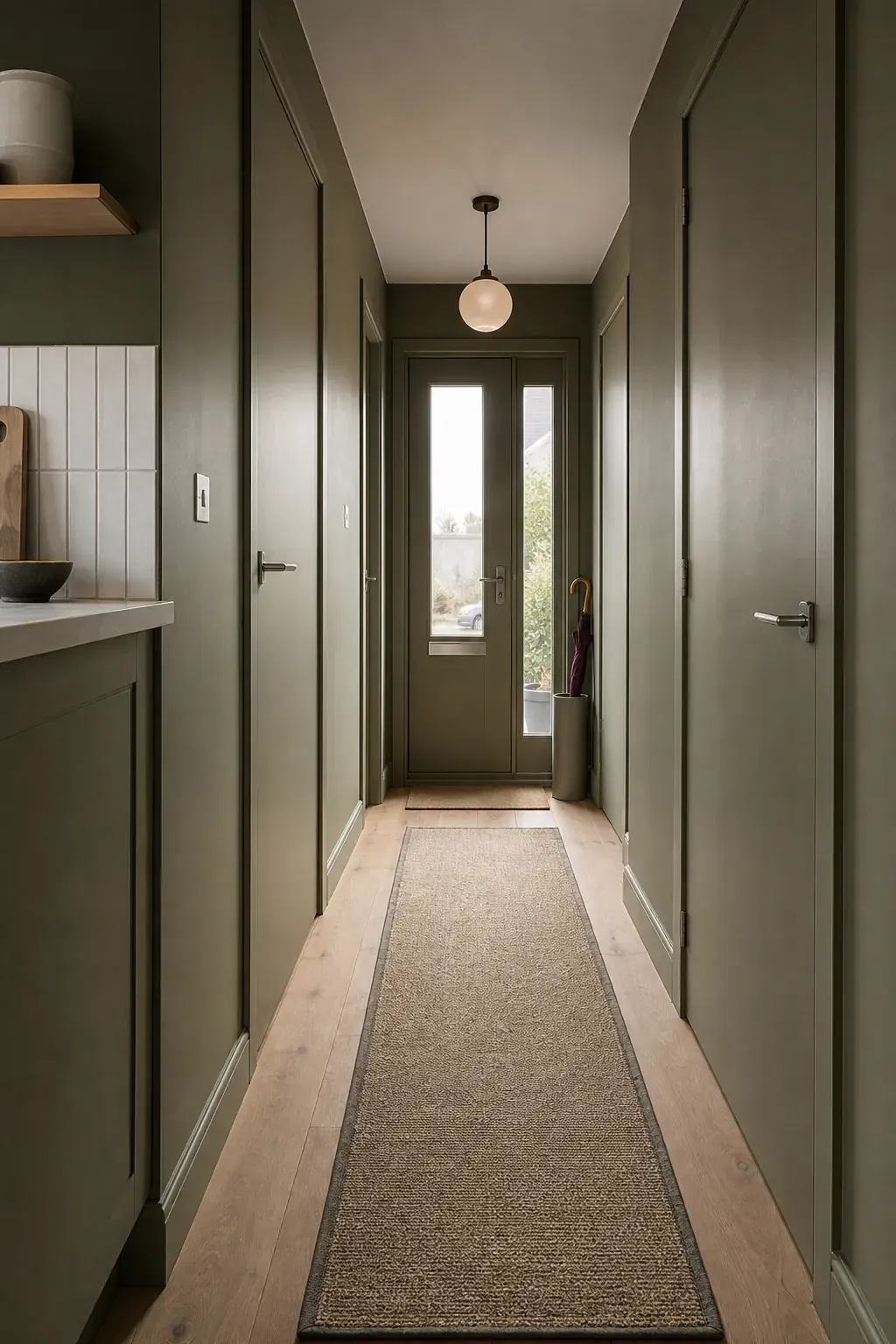 Green colour-drenched new build hallway with matching trim and doors