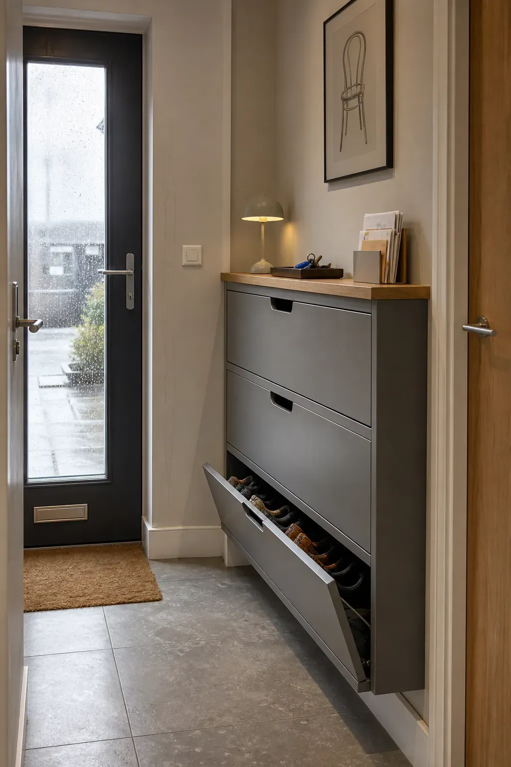 Slim wall-mounted shoe cabinets in a narrow new build entrance