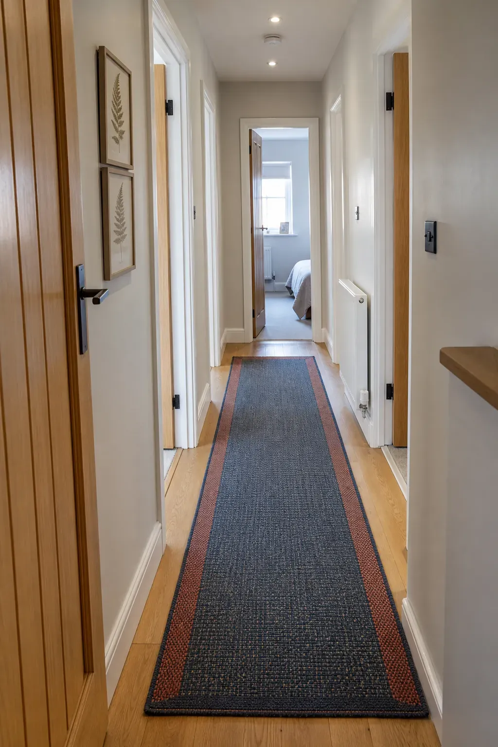 Long patterned runner centred in a bright new build hallway