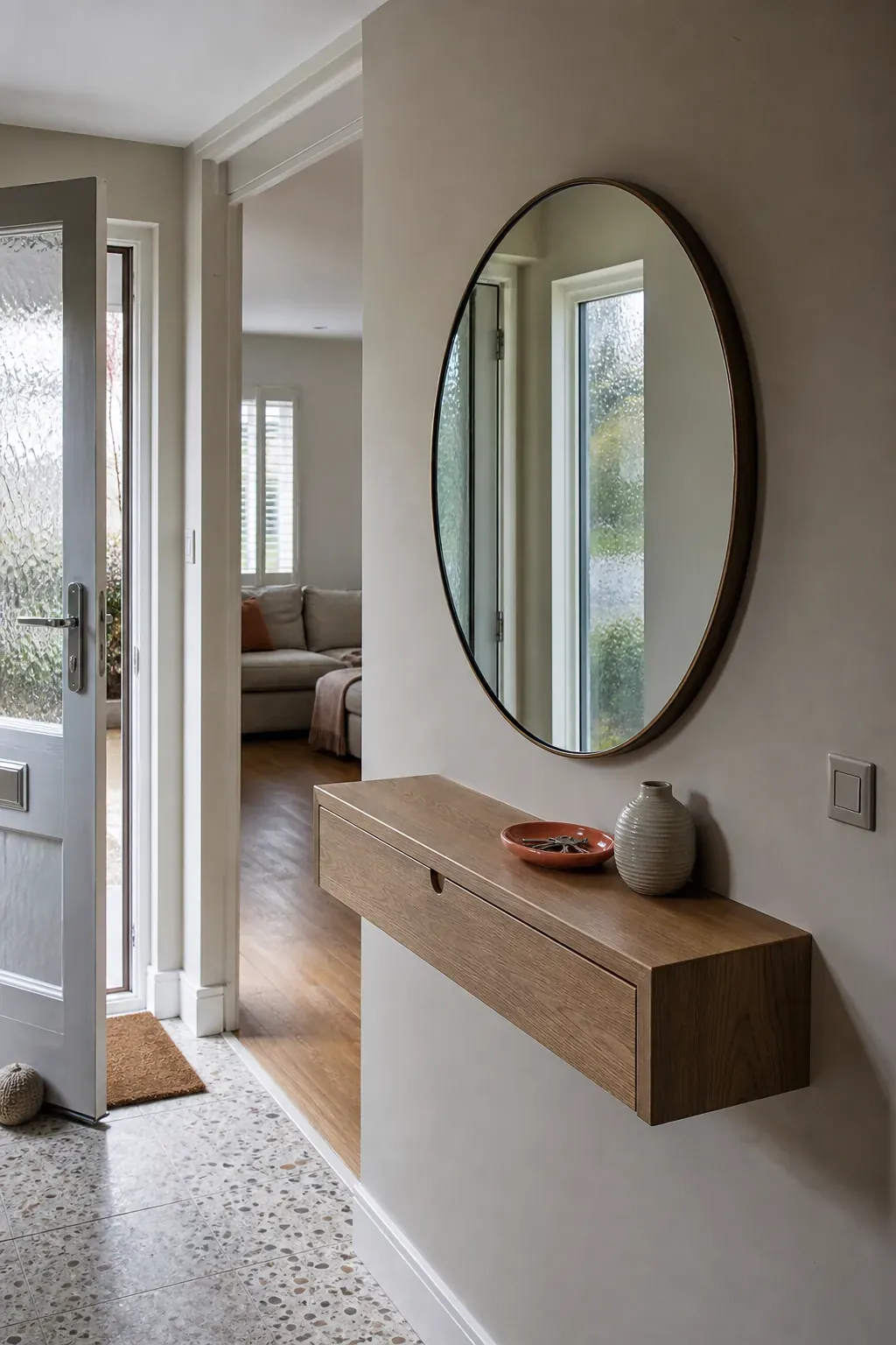 Large round mirror reflecting daylight across a new build entrance hall