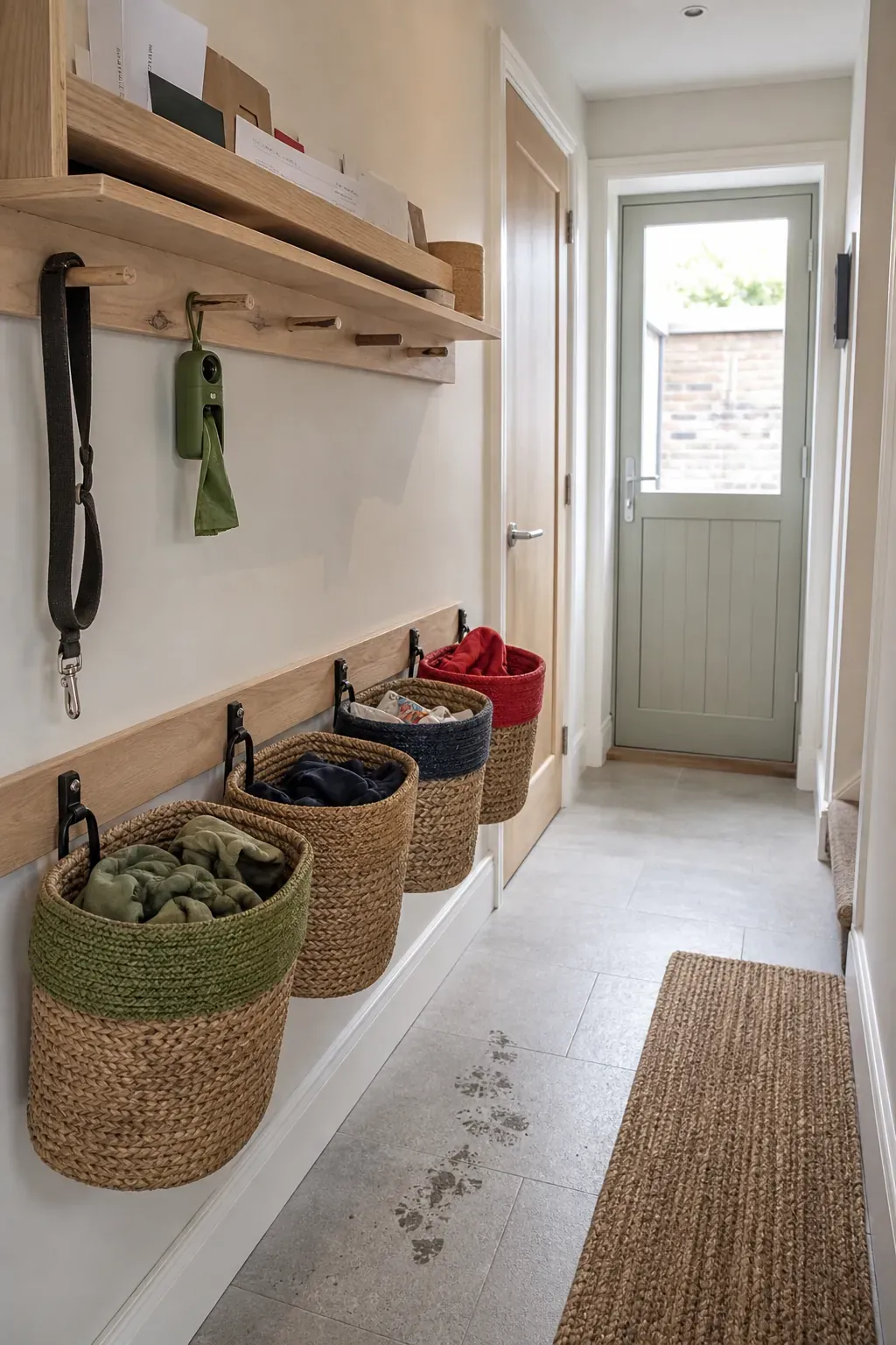 Organised family drop zone with hooks shelf and baskets in a new build hall