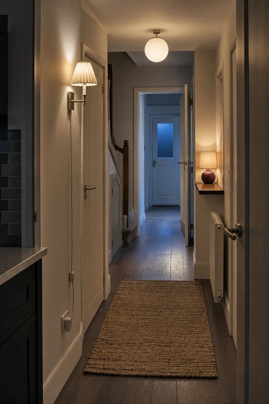 Warm layered lighting in a modern new build hallway