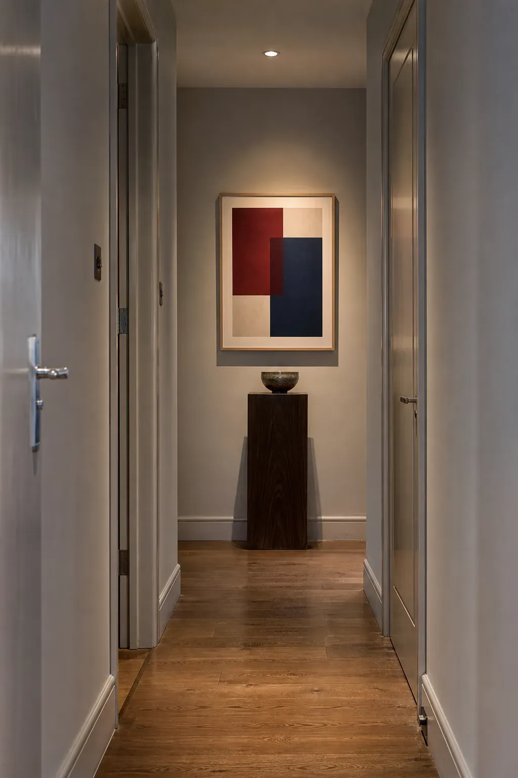 Long hallway ending at a sculptural console and colour-block print