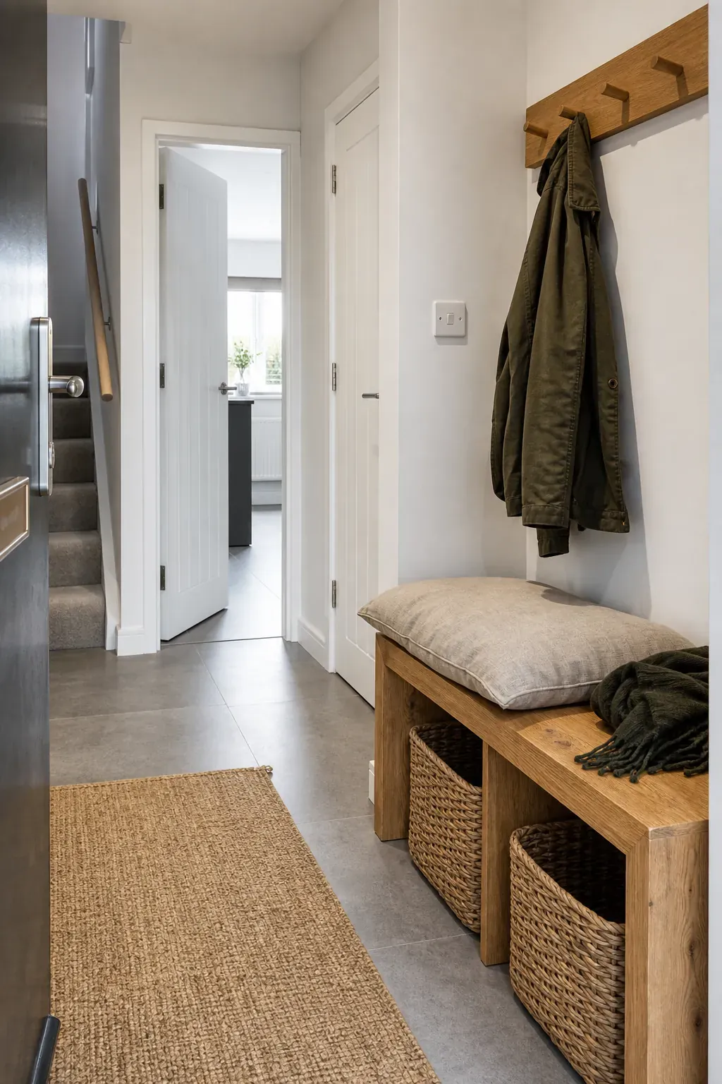 New build hallway warmed by an oak bench and woven baskets