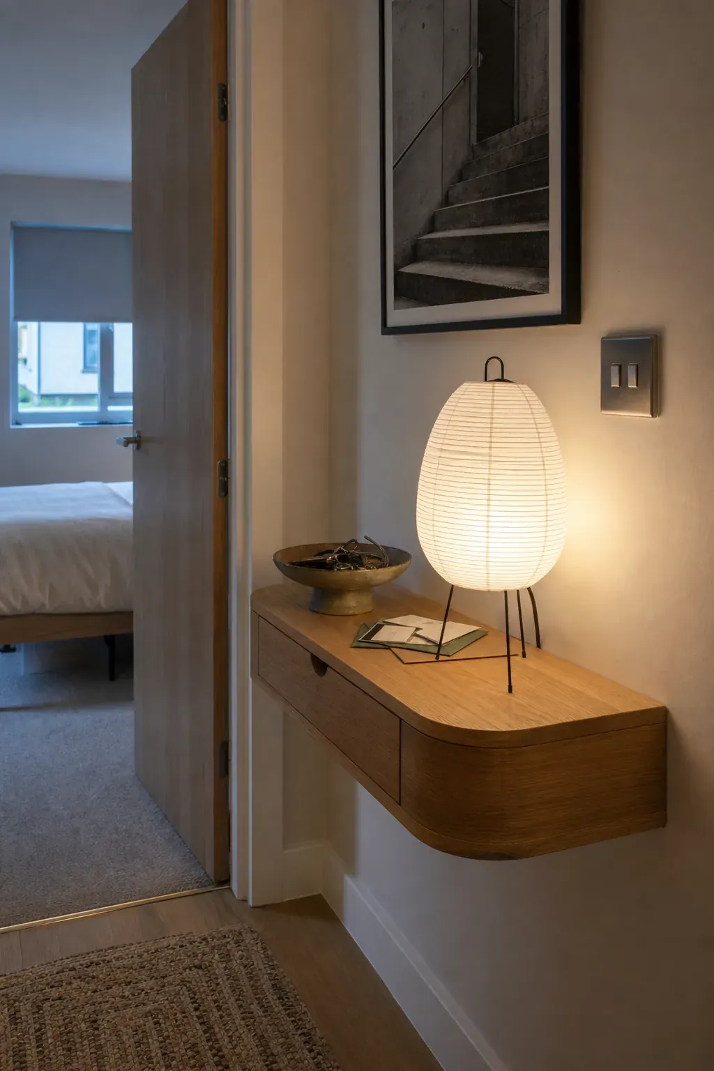 Slim floating oak shelf used as a console in a narrow hallway