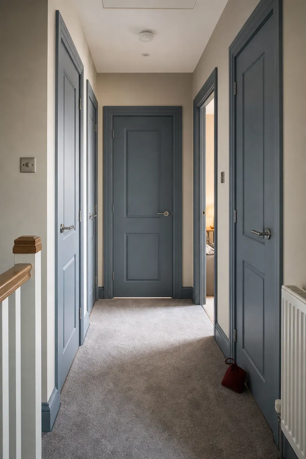 Row of muted blue interior doors in a new build hallway