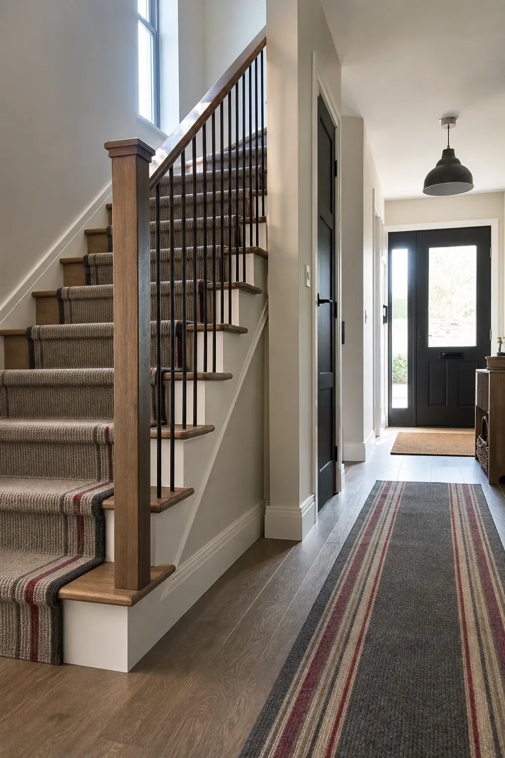 Coordinated staircase and entrance hall with timber handrail and striped runner