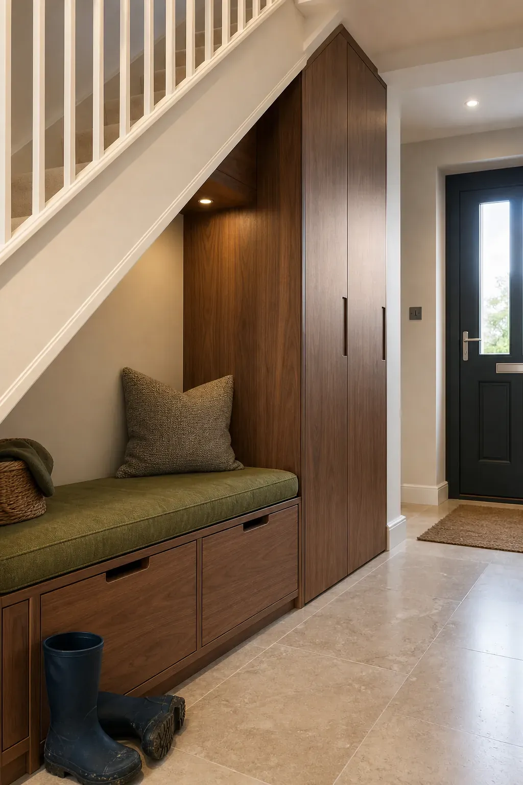 Built-in bench and drawers fitted beneath a new build staircase