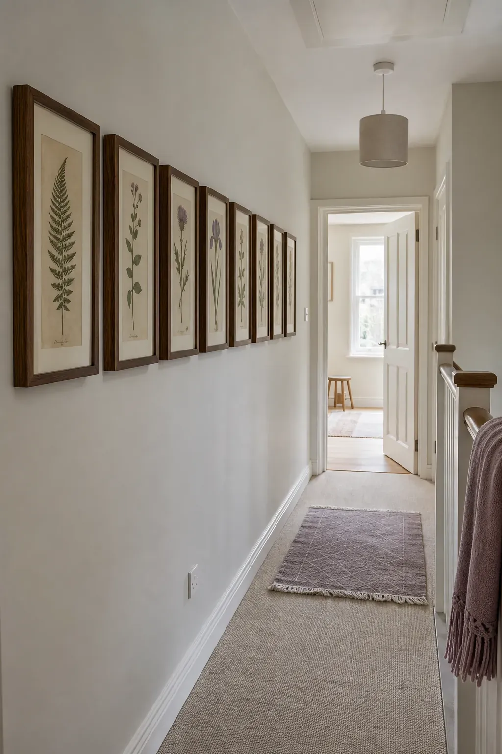 Linear gallery of botanical studies in slim frames along a hallway