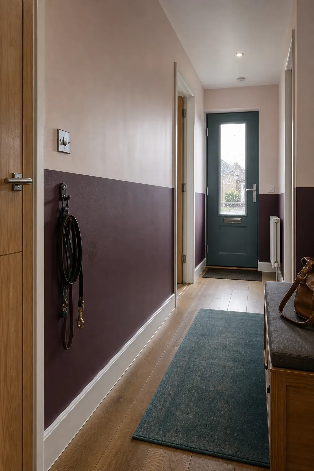 Two-tone hallway paint with durable deep lower wall and pale upper wall