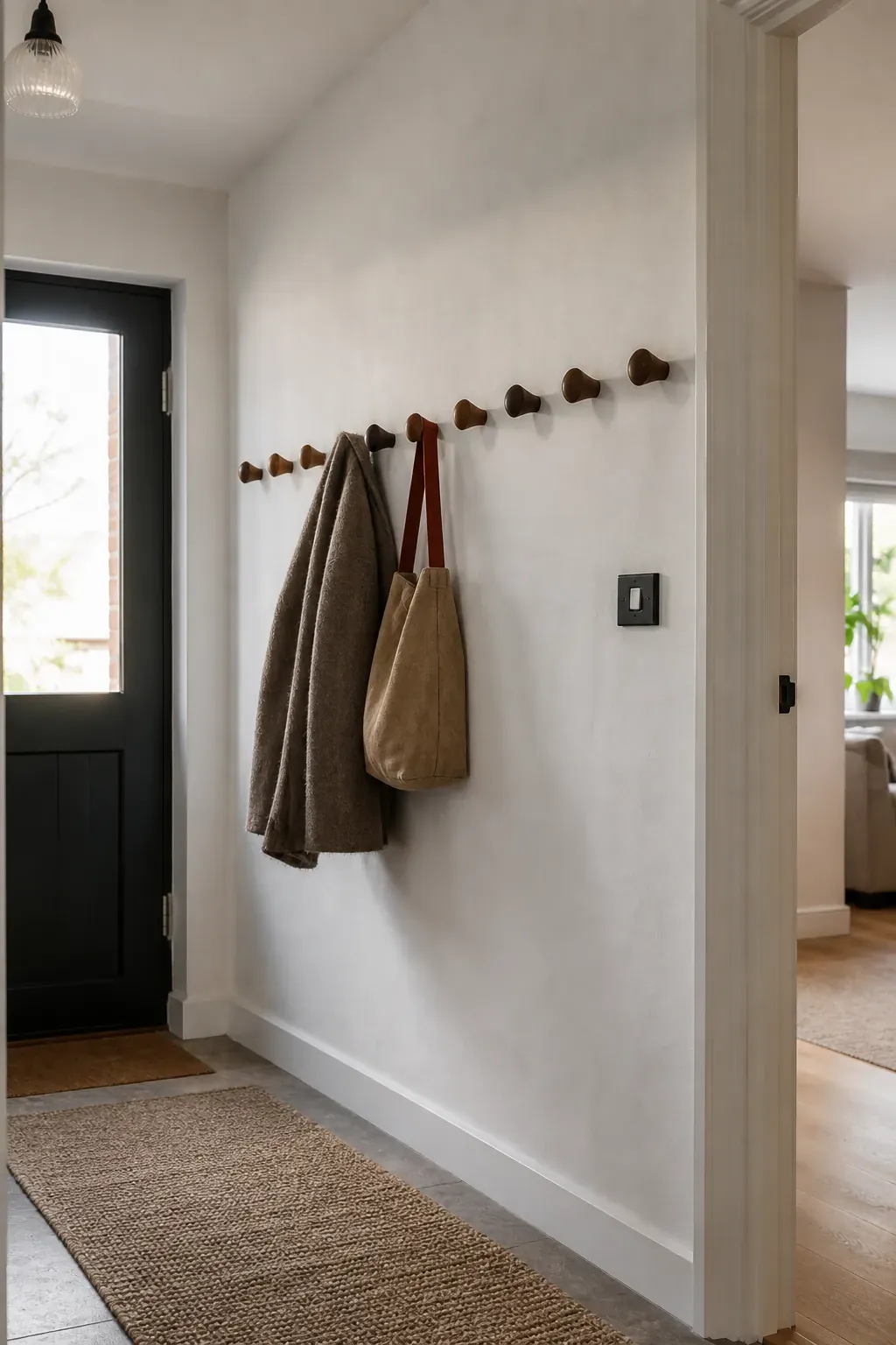 Sculptural timber wall hooks arranged beside a new build entrance