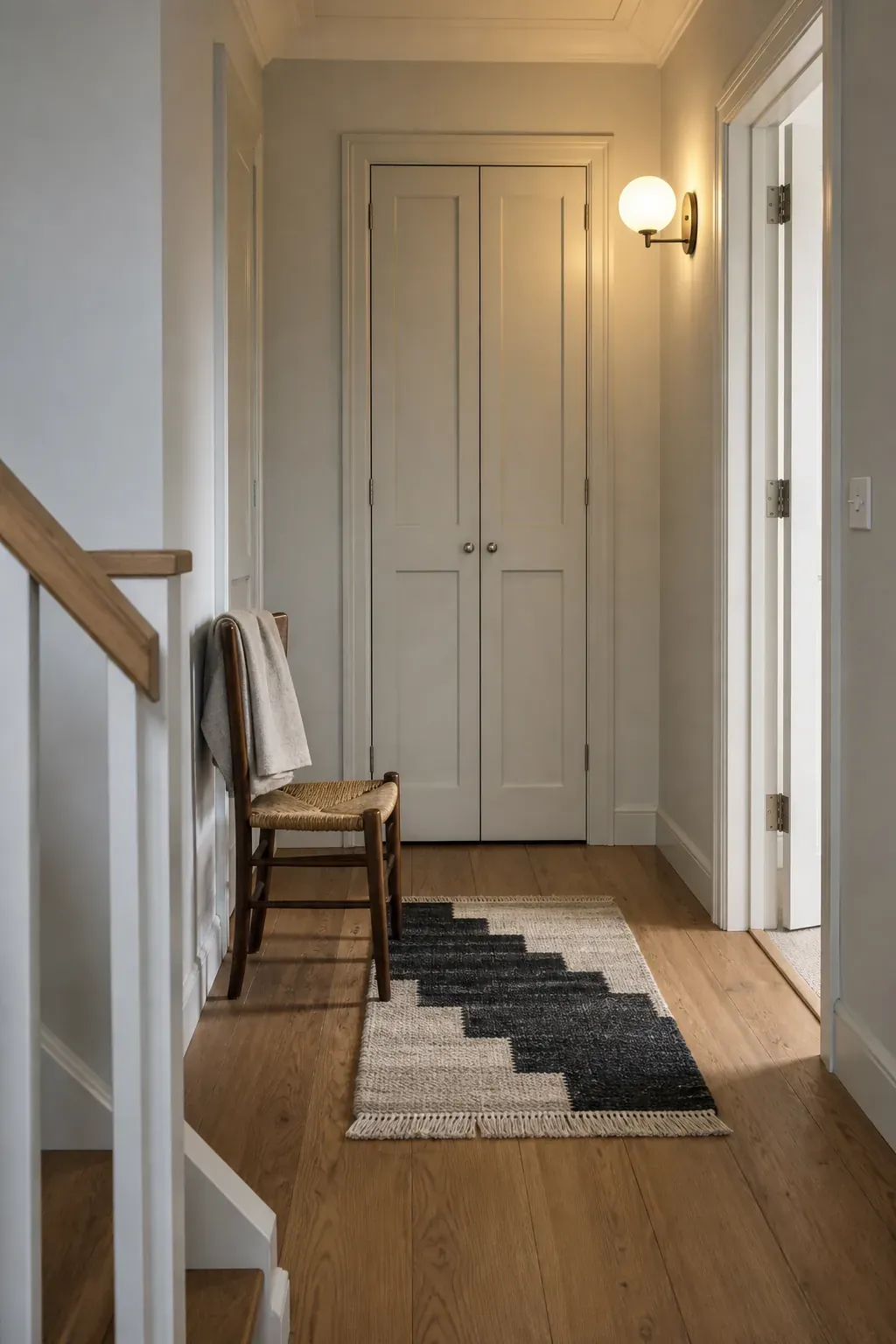 Calm upstairs hallway landing with linen cupboard and reading chair