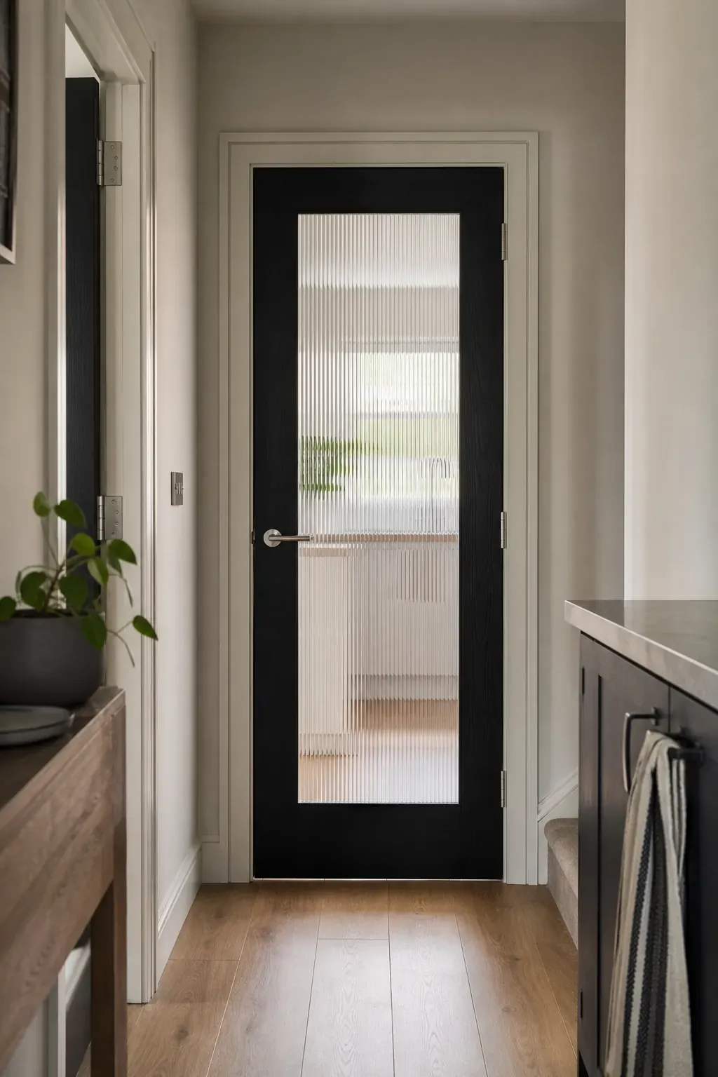 Reeded glass internal door bringing borrowed light into a hallway
