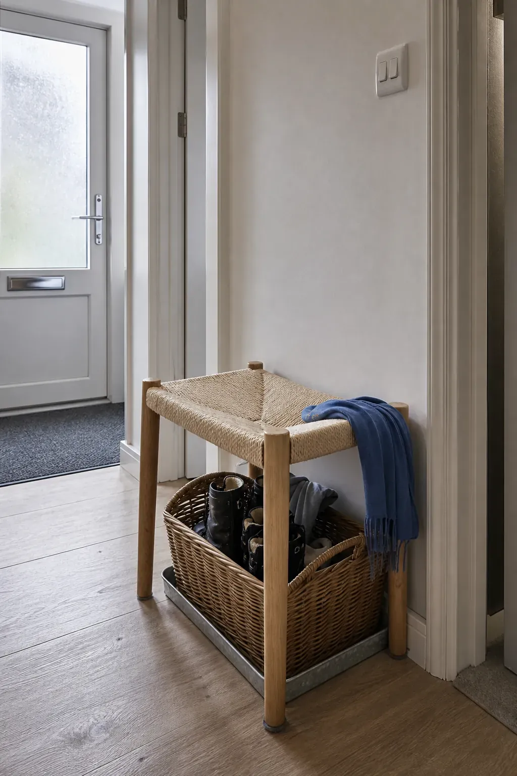Compact woven bench positioned beside the front door in a new build hall