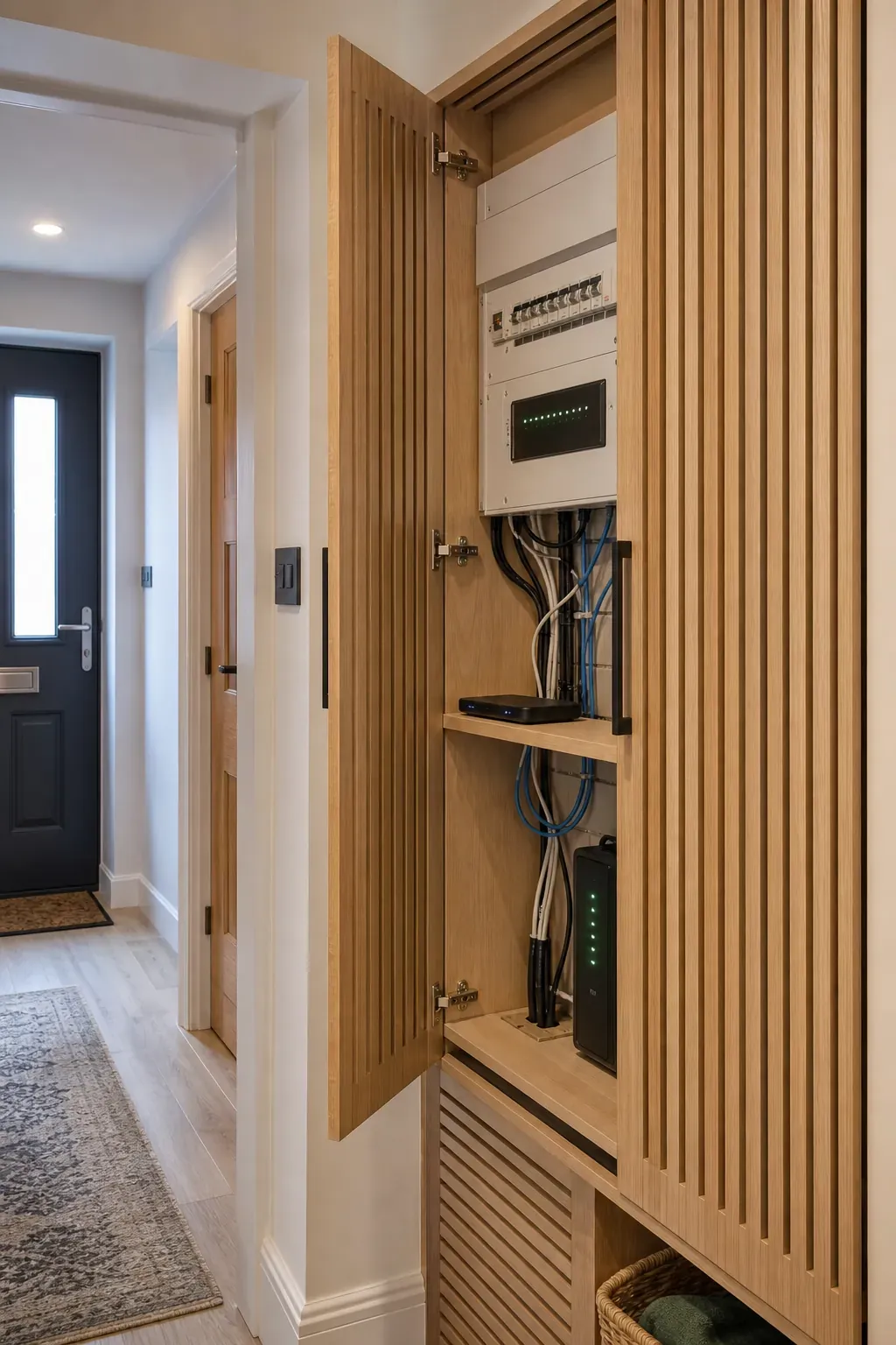 Ventilated slatted cabinet concealing utility controls in a hallway