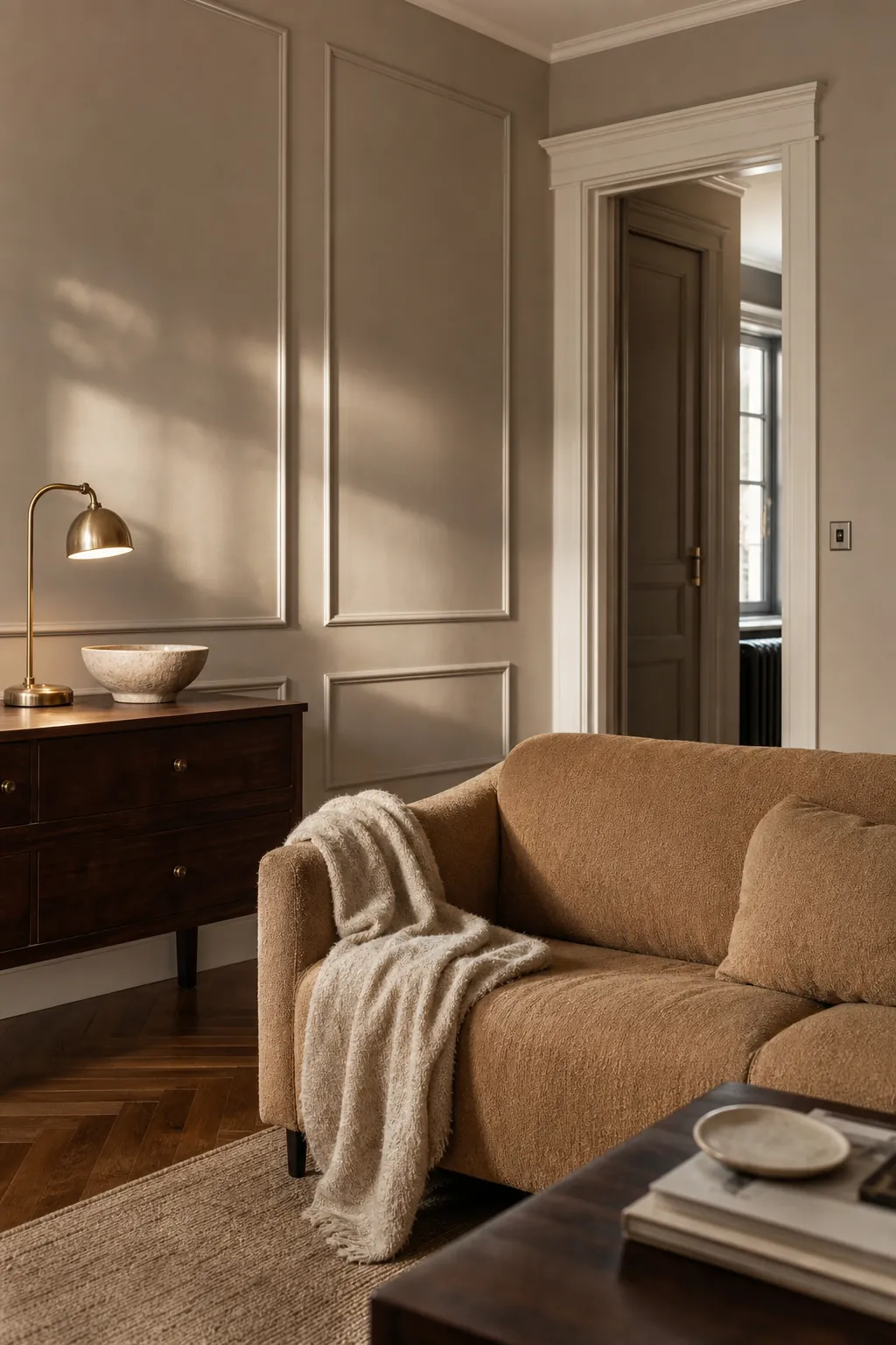 Taupe beige accent wall with picture-frame molding in a refined sitting room