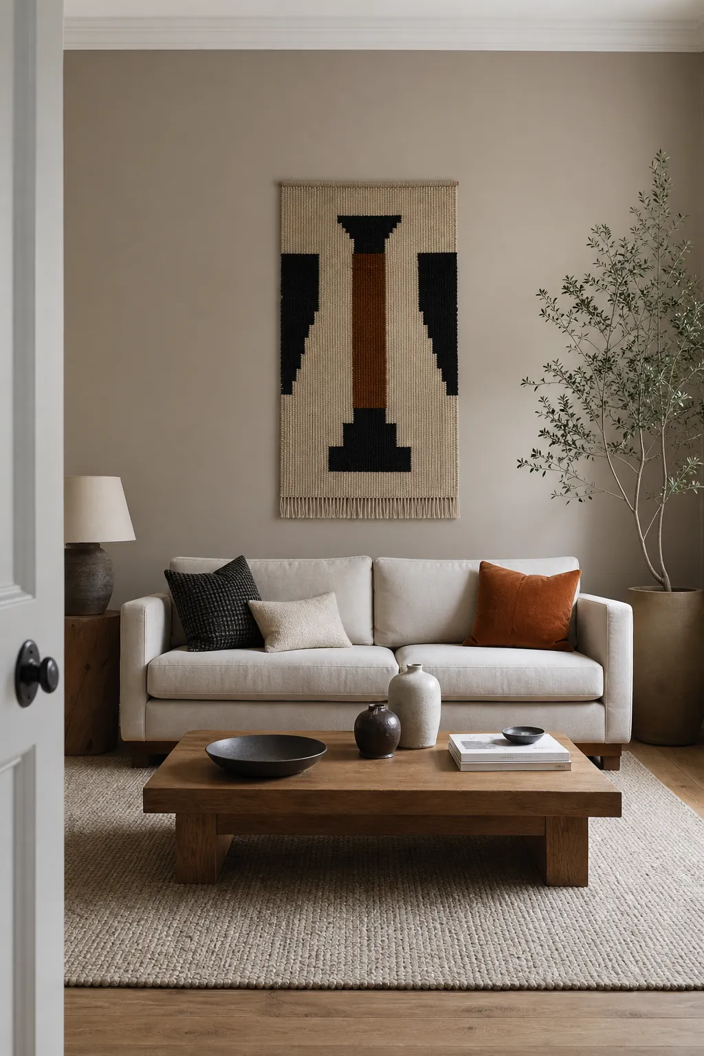 Layered mushroom beige accent wall in an inviting neutral living room