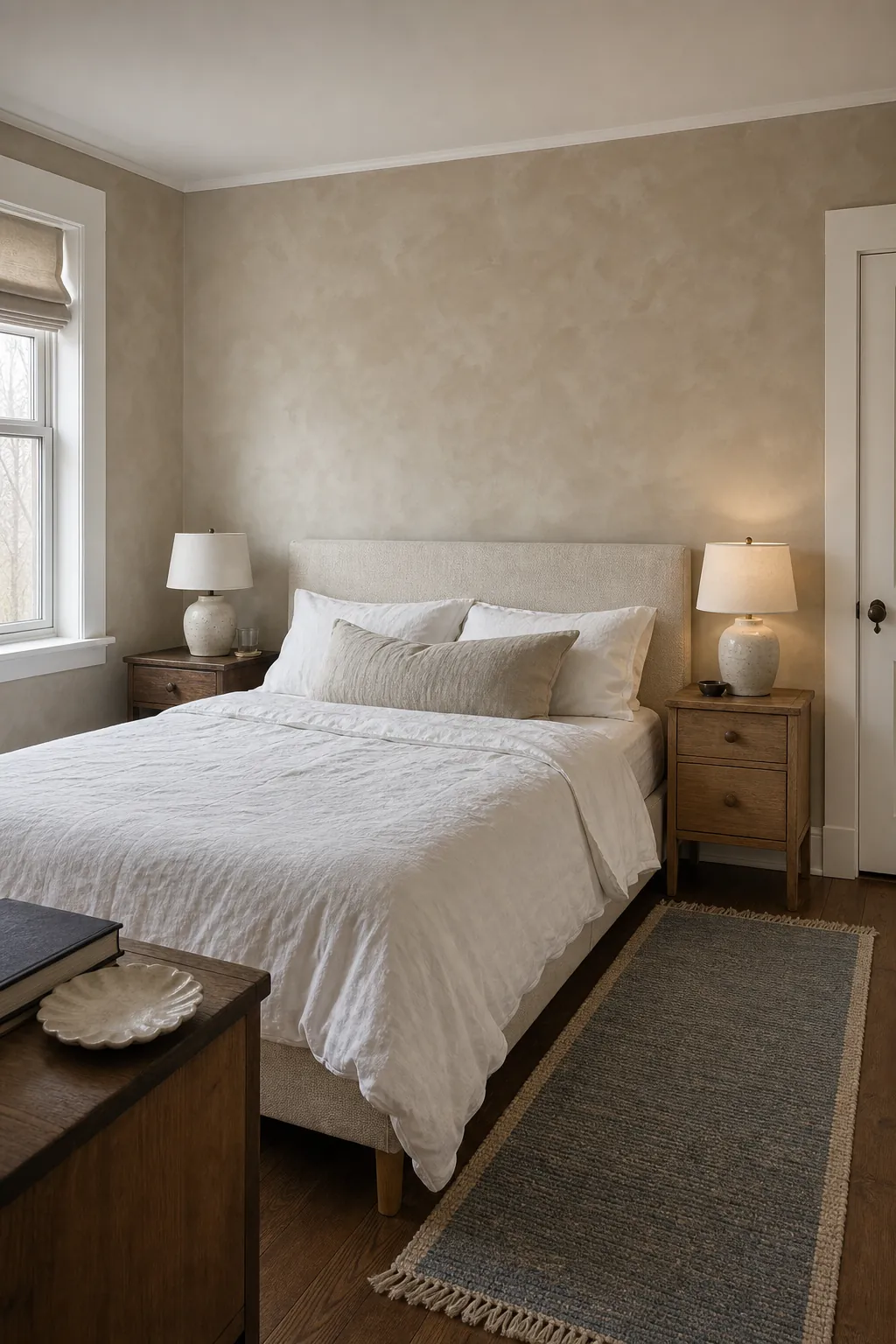 Textured beige limewash accent wall behind an upholstered bedroom headboard