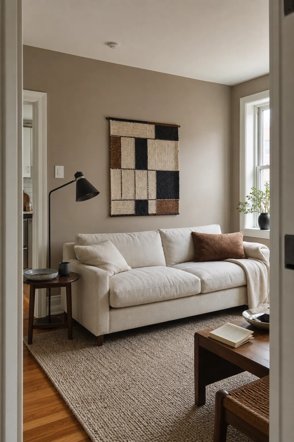 Mushroom beige accent wall behind a linen sofa in a calm living room