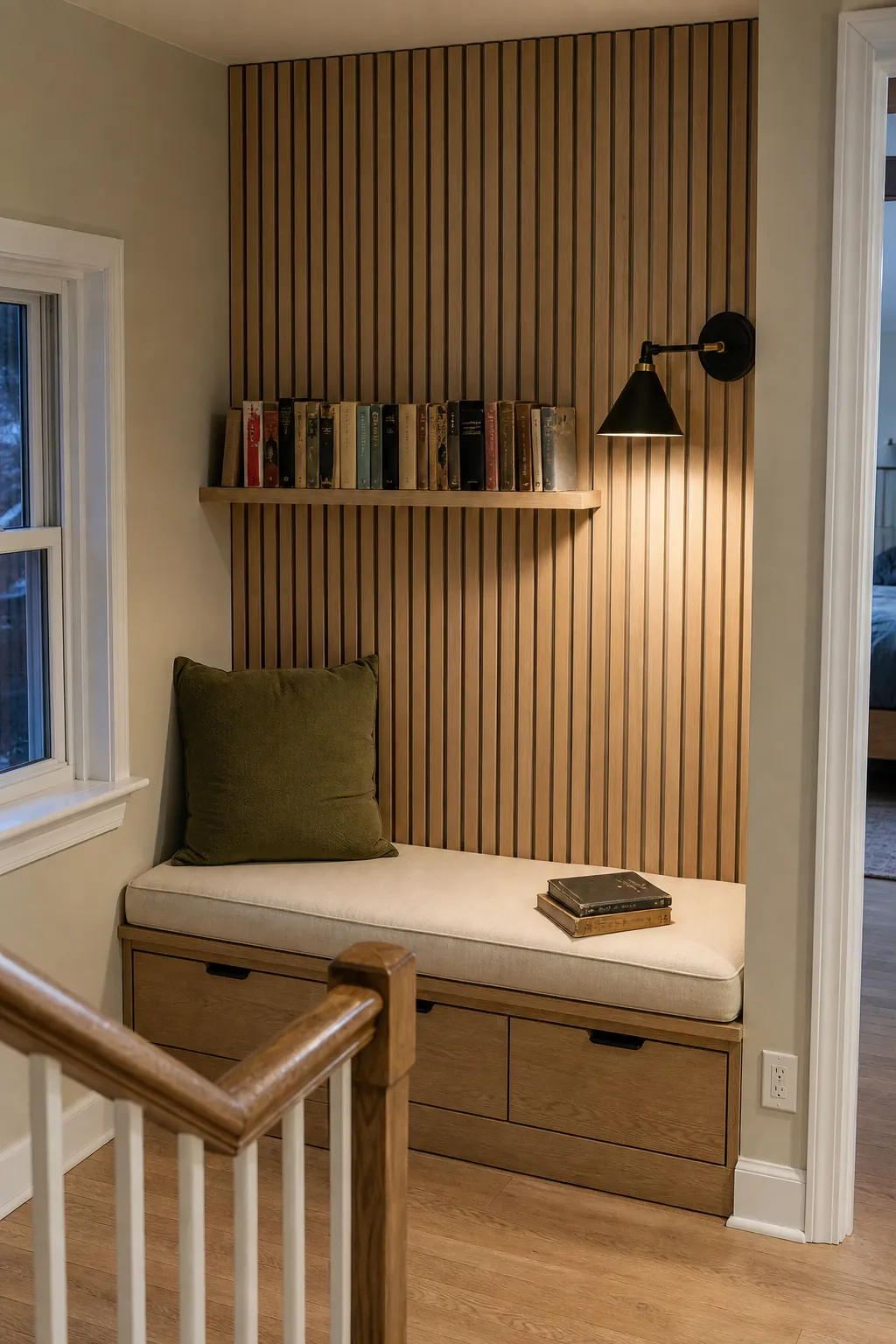 Fluted oak and beige accent wall in a compact reading nook