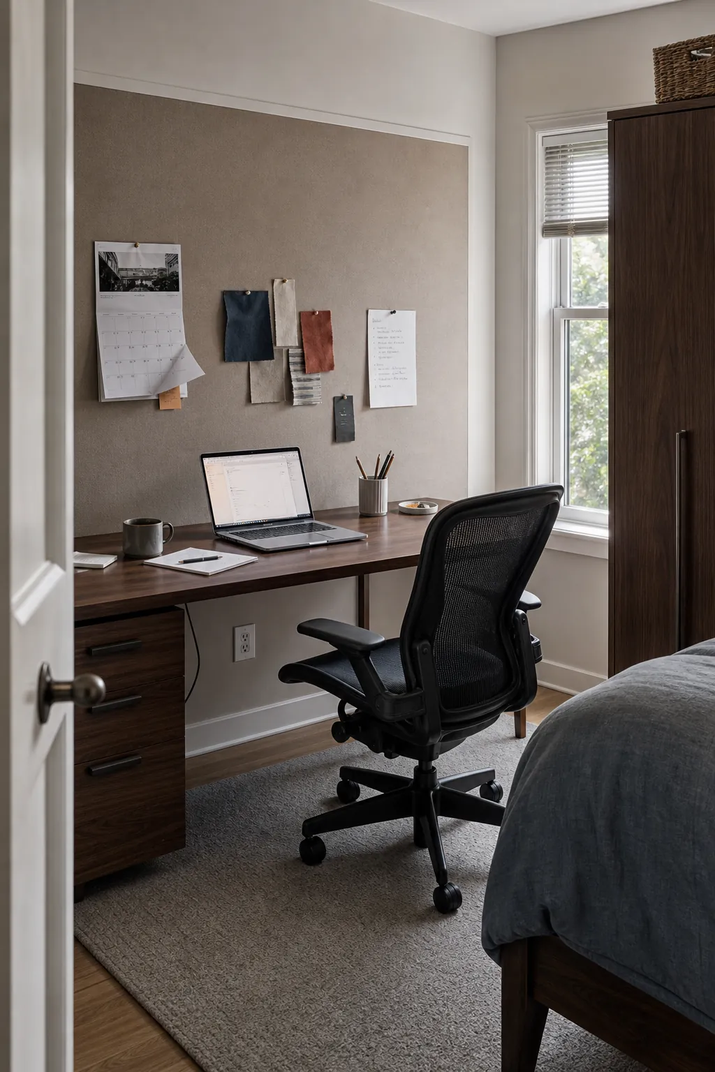 Greige beige pinboard accent wall above a practical home office desk