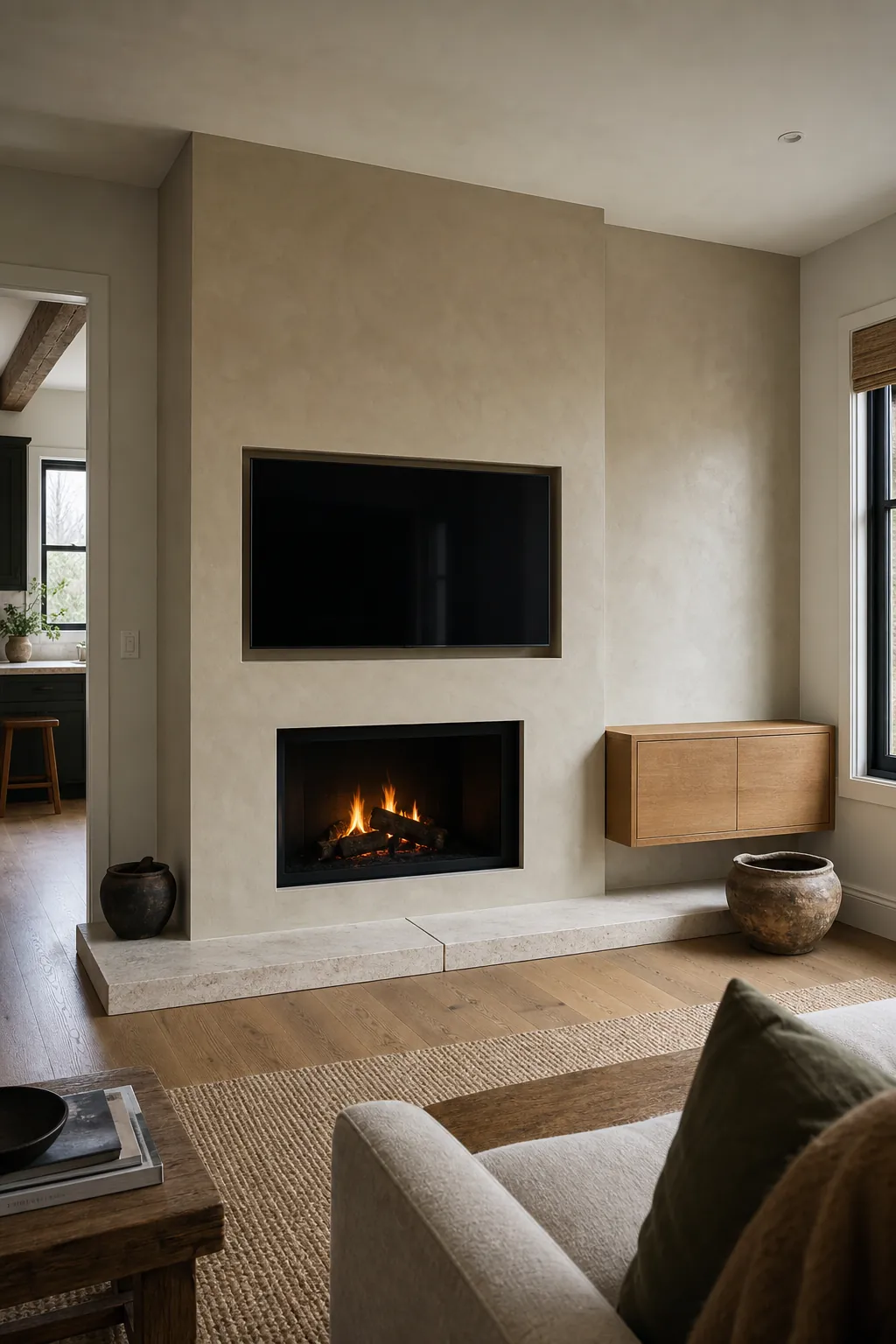 Sand-colored microcement accent wall surrounding a modern fireplace