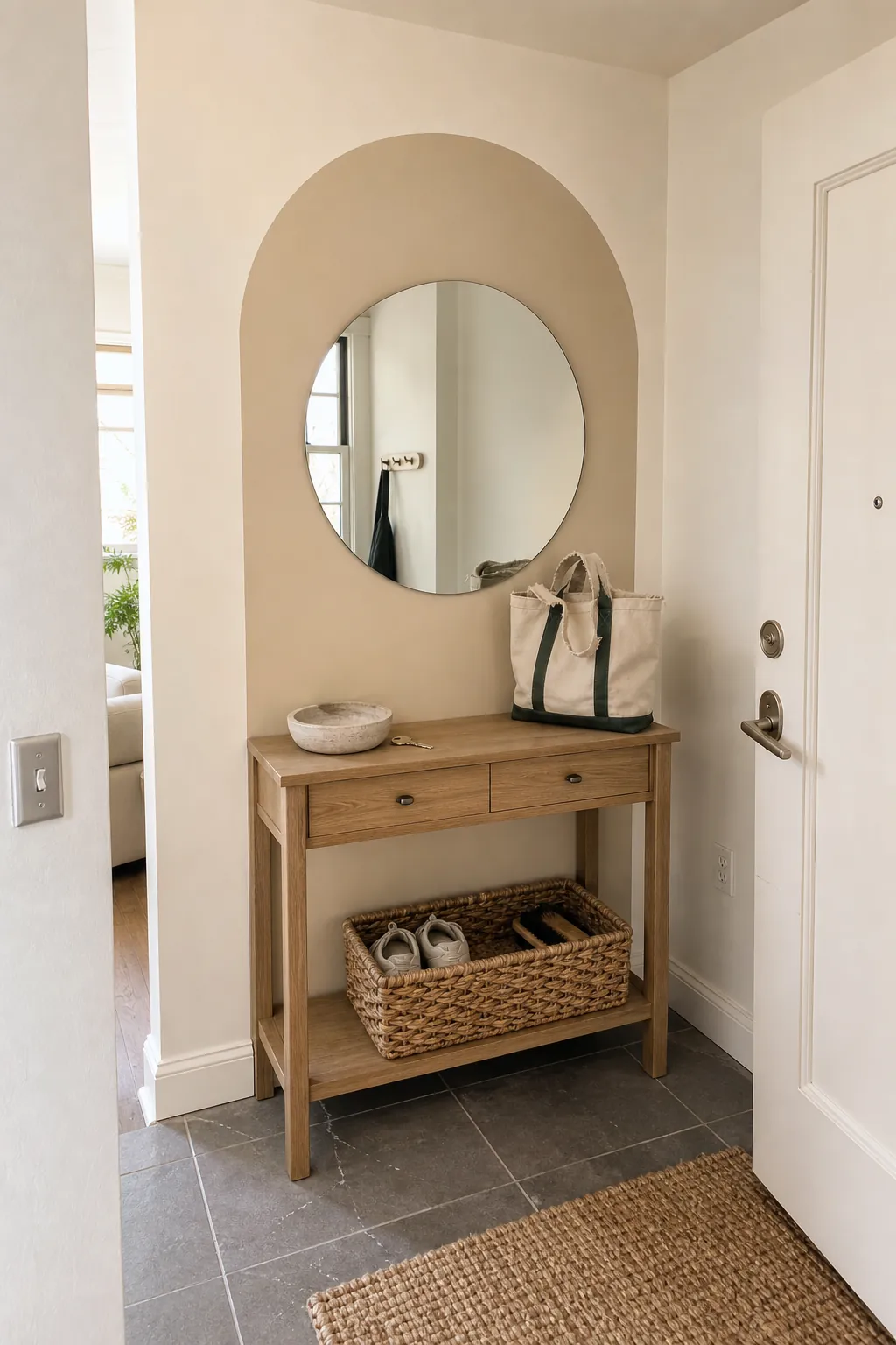 Painted beige arch accent framing a console in a small entryway