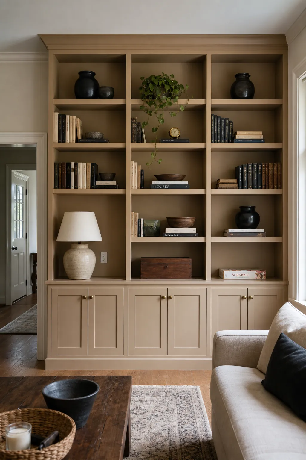 Camel beige built-in bookcase used as a living room accent wall