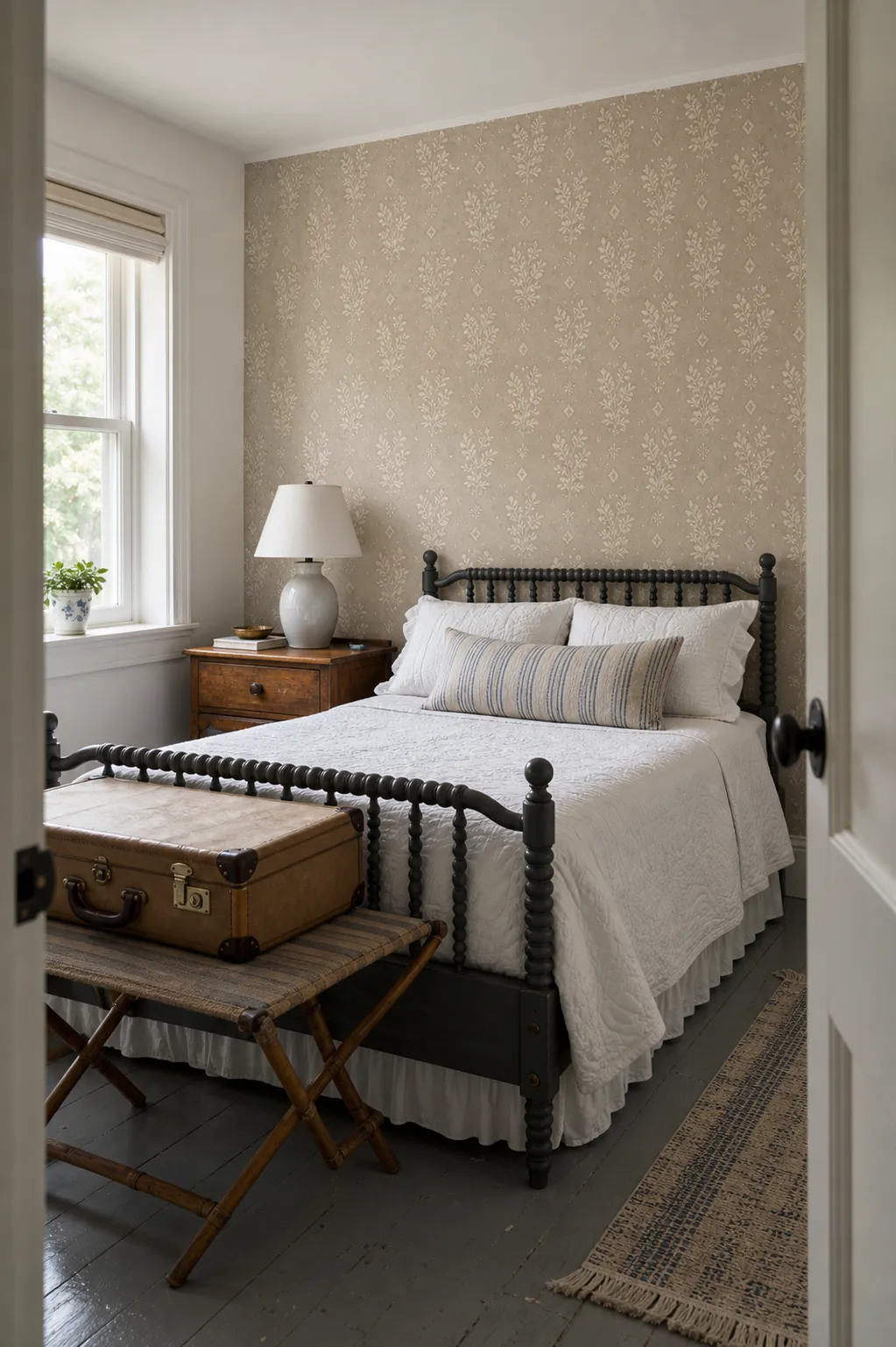 Beige block-print wallpaper accent wall in a welcoming guest bedroom