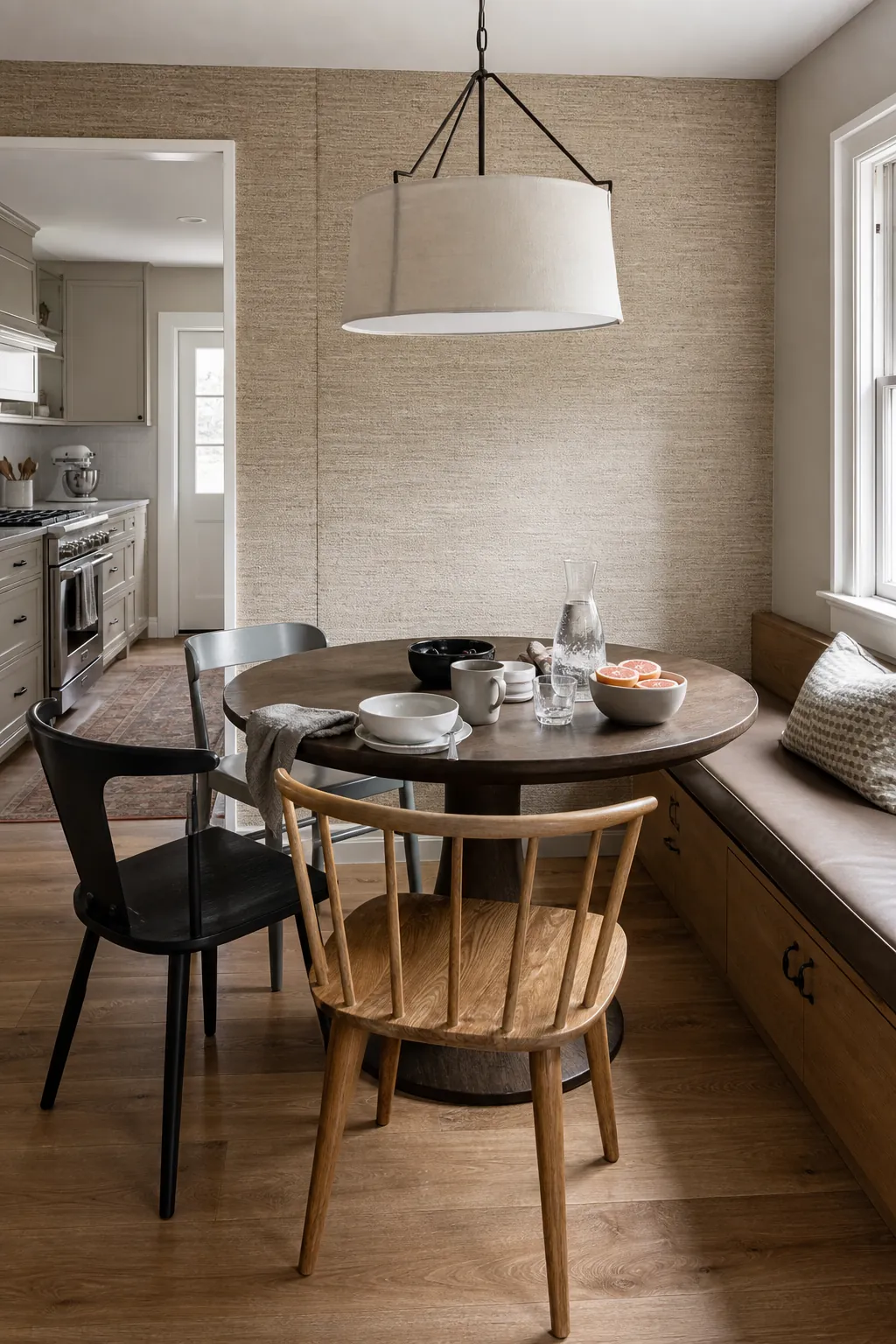 Natural beige grasscloth accent wall behind a dining banquette