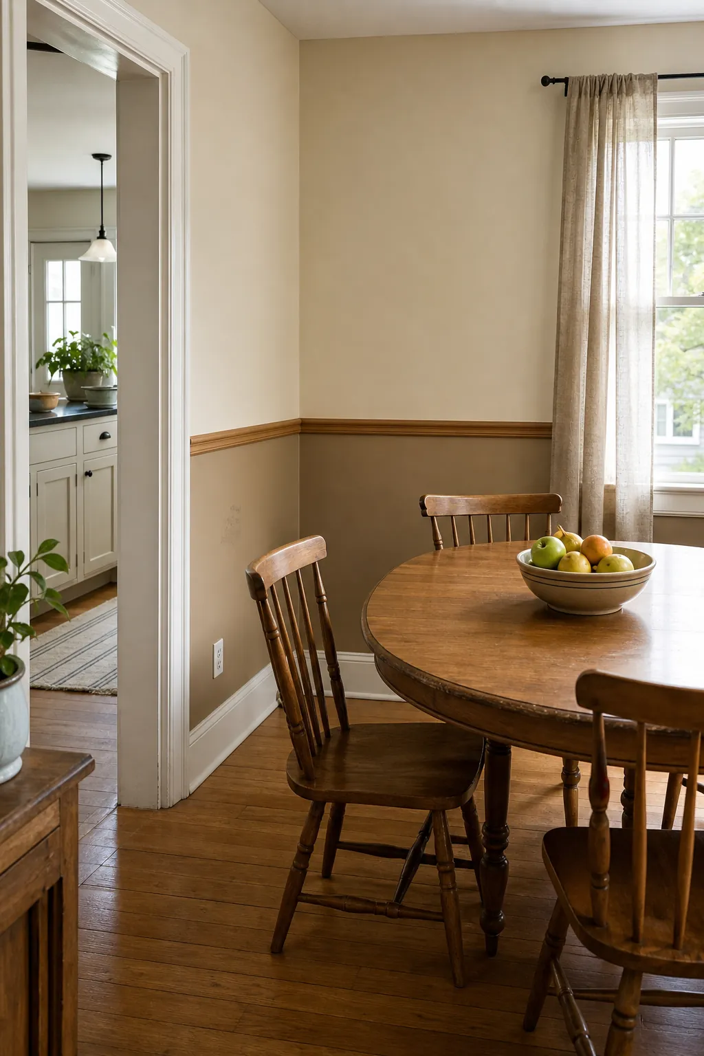 Two-tone light beige and tan wall divided by a chair rail