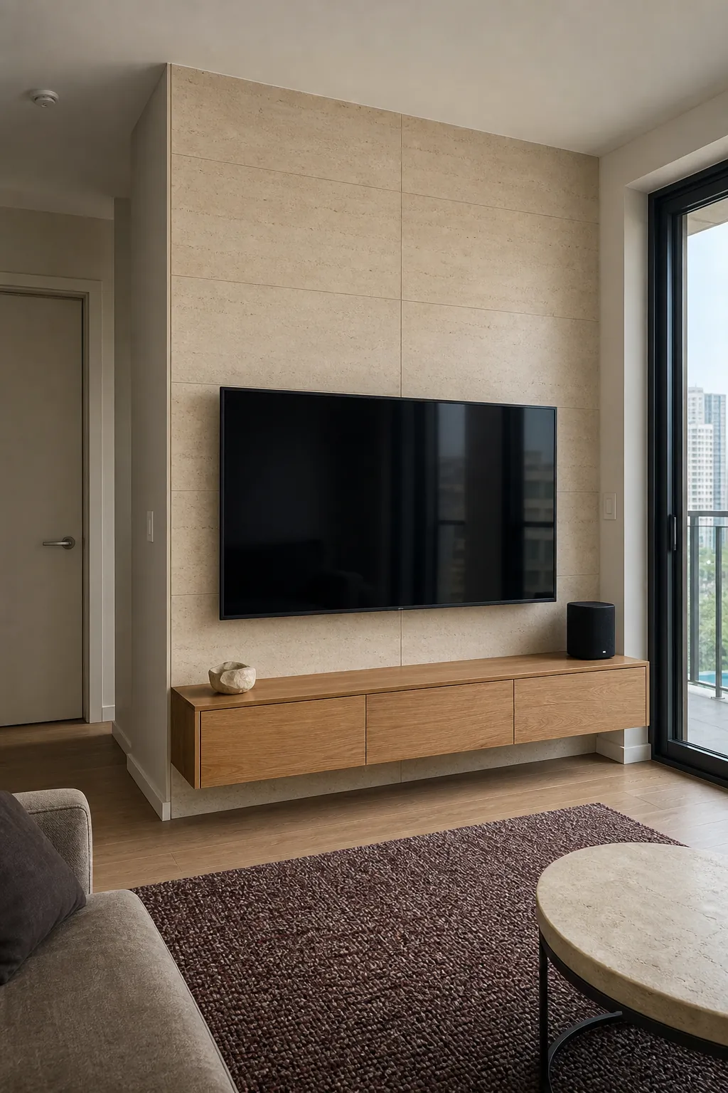 Beige travertine-look accent wall with a discreet television console