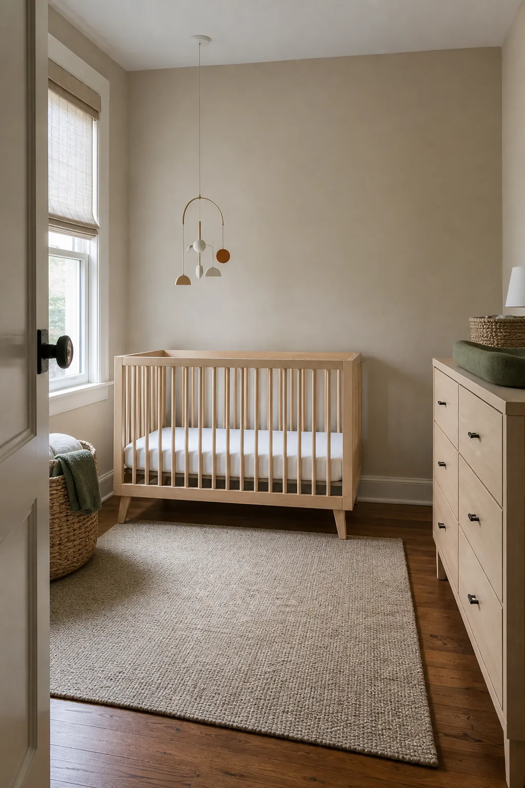 Warm putty beige accent wall in a practical neutral nursery